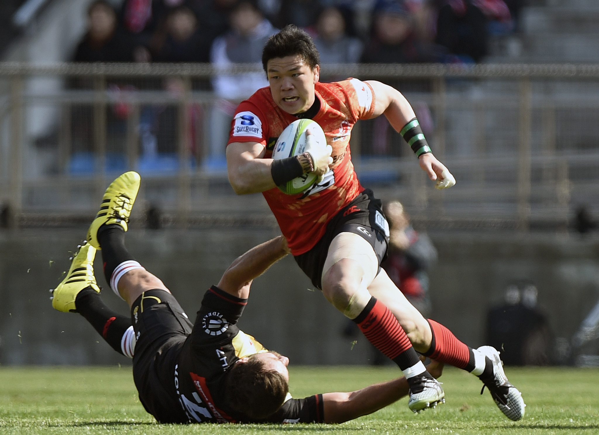 Harumichi Tatekawa of Japan’s Sunwolves bulldozers the Lions defence in their Super Rugby debut as Chichibunomiya Stadium in Tokyo. The South African visitors won the match 26-13. Photo: EPA