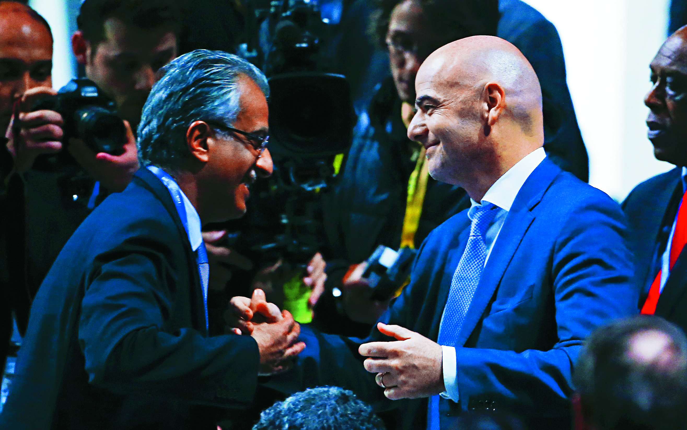 Fifa presidential candidate Sheikh Salman Bin Ebrahim Al-Khalifa of Bahrain congratulates newly elected Fifa president Gianni Infantino after the Swiss’ victory in Zurich. Photo: Reuters