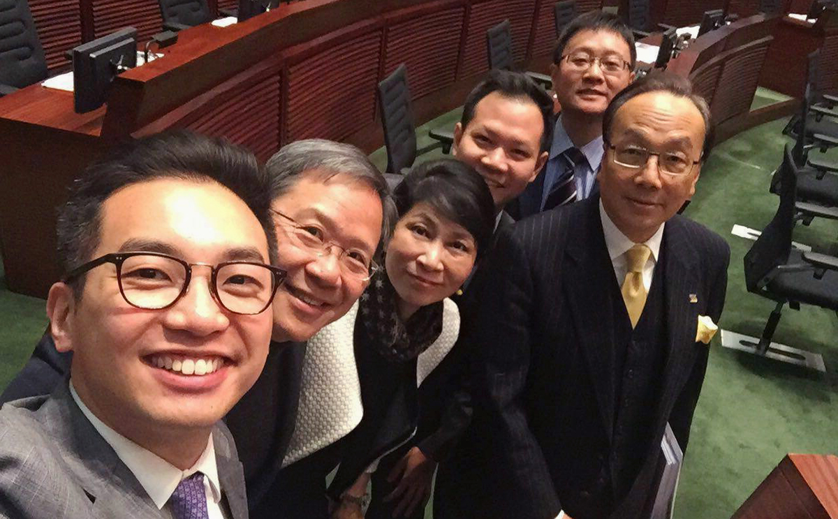 Alvin Yeung (left) takes a selfie in the chamber with his Civic Party colleagues. Photo: Civic Party Facebook