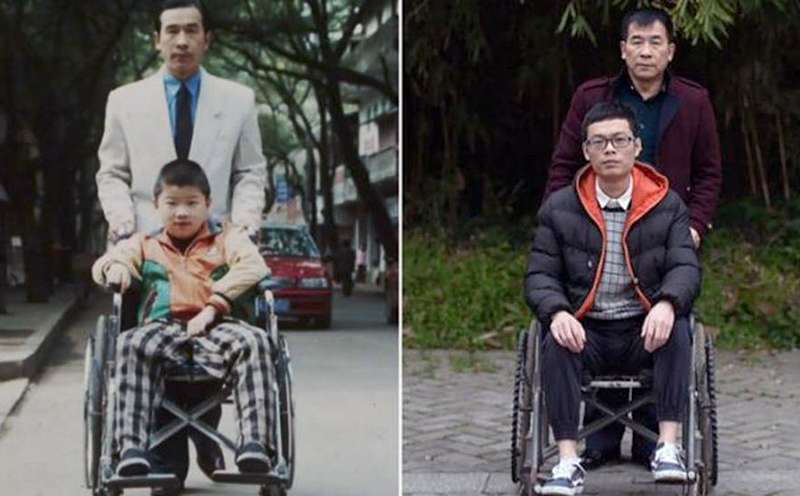 Huang Xiaoyong, left, with son Huang Ke, who died from muscular dystrophy in 2009. Huang with Wang Feng. Photo: SCMP Pictures