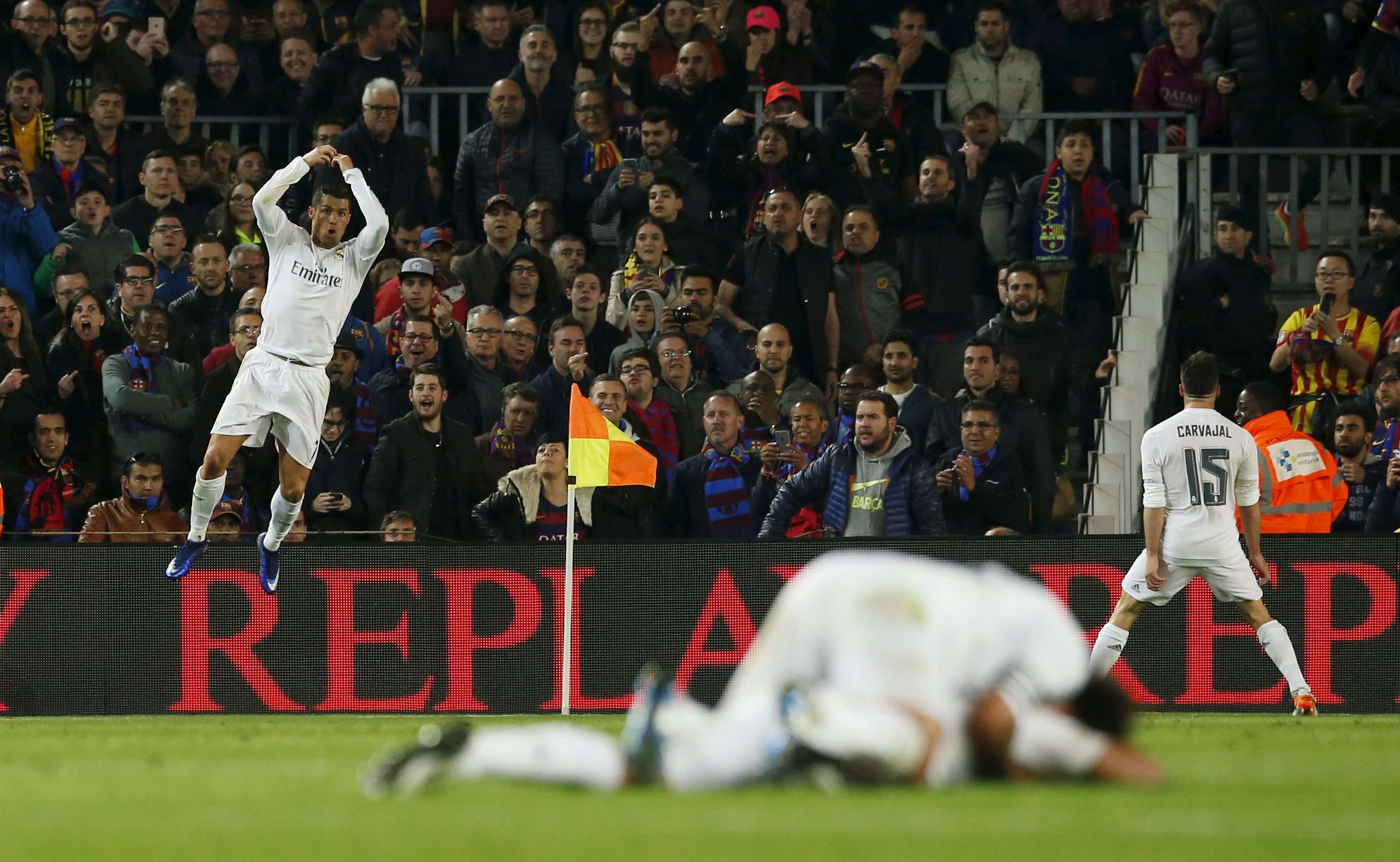 Real Madrid’s Cristiano Ronaldo celebrates netting the winning goal against Barcelona. Photo: Reuters