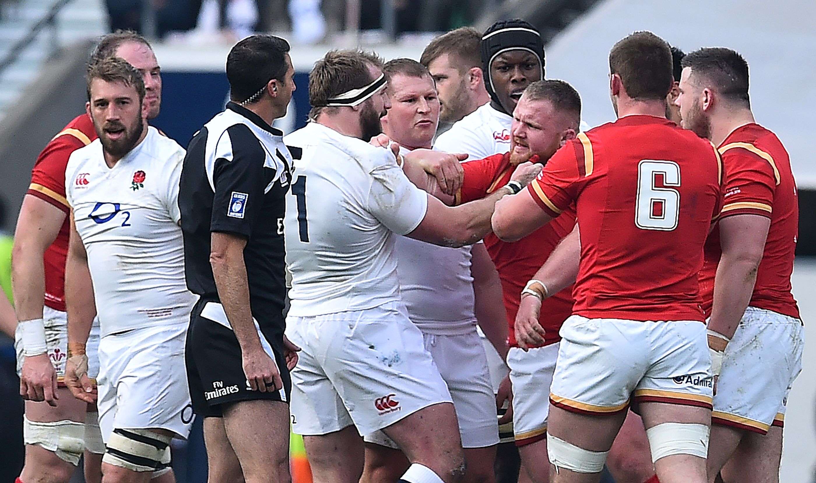 The clash between England prop Joe Marler (centre) and Wales prop Samson Lee in their Six Nations match that gave rise the the “gypsy boy” remark. Photo: AFP