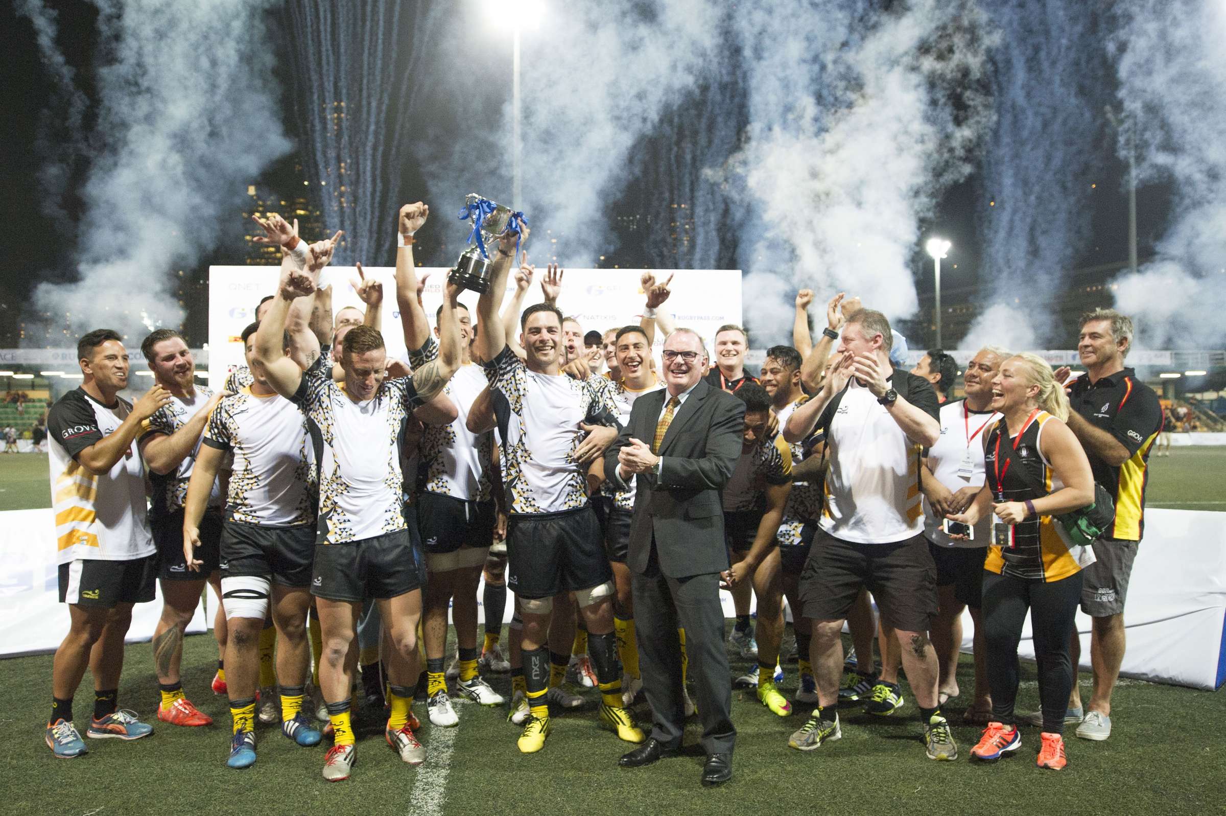 Penguins players celebrate winning the final of the GFI HKFC Tens at Hong Kong Football Club. Photos: SCMP Pictures