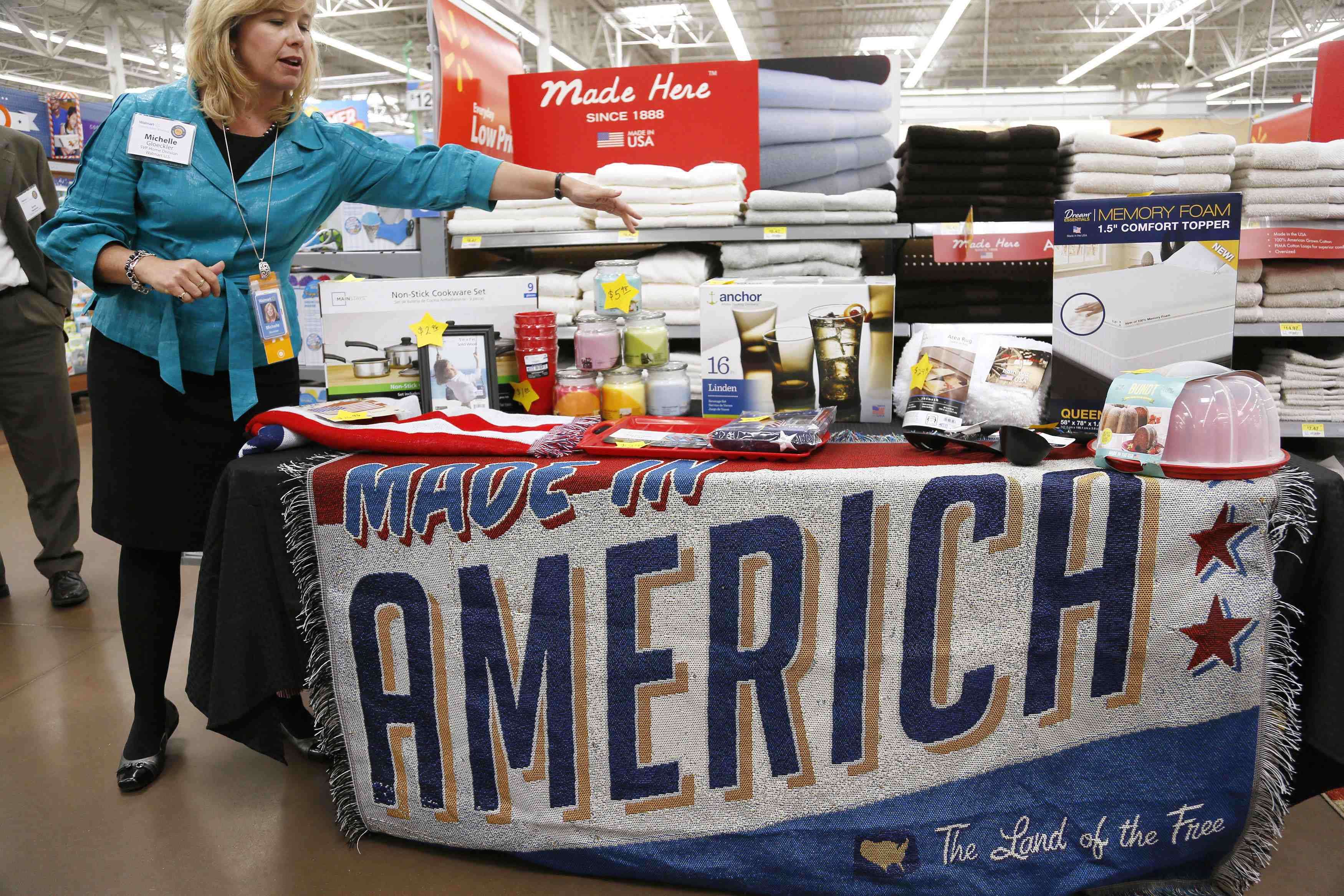 A selection of merchandise made in the US for sale at a Walmart store in Arkansas. The company says it is "leading an American renewal in manufacturing" and "bringing jobs back to the US" with a pledge to buy an additional US$50 billion in US-made goods over the next 10 years. Photo: Reuters