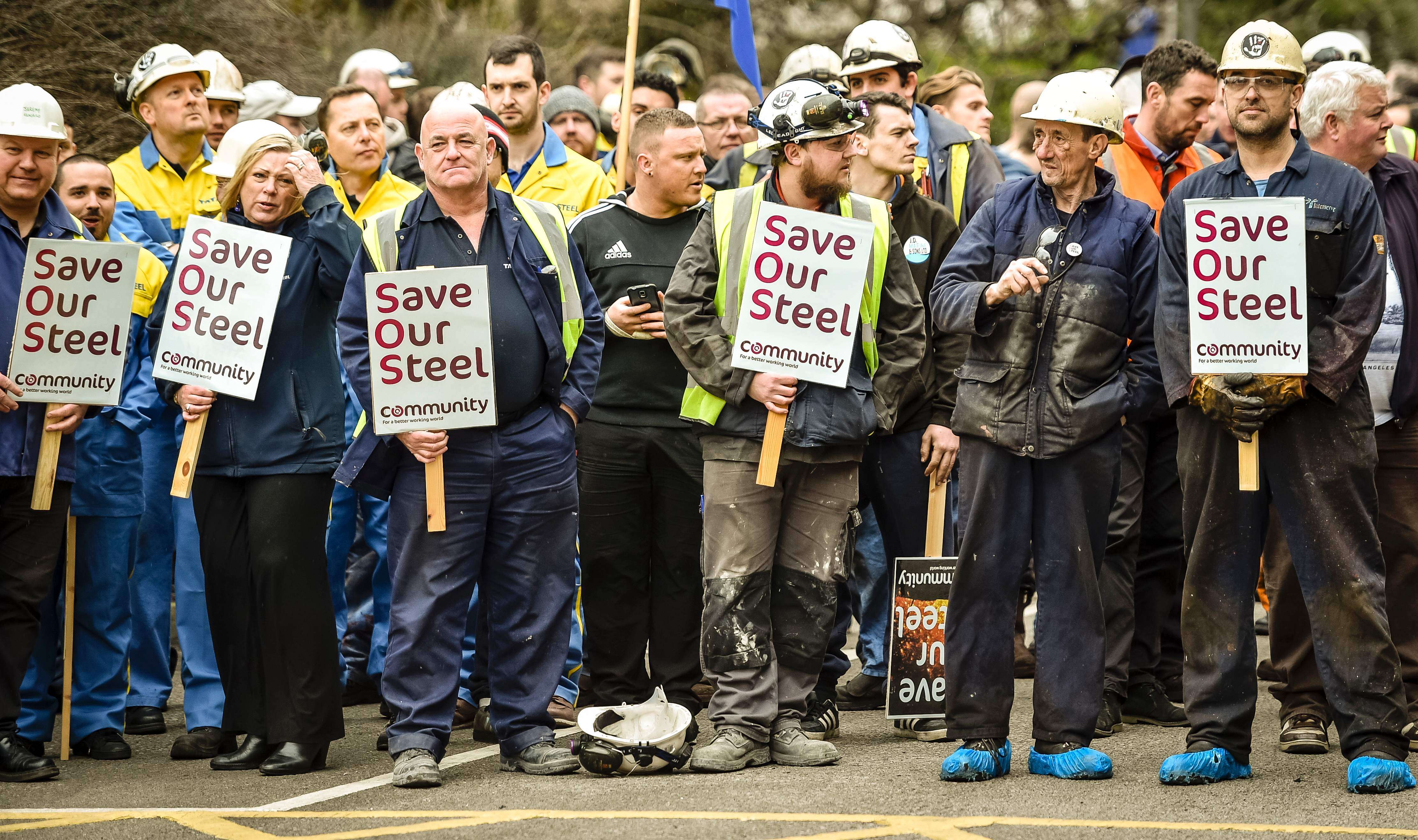Workers at Tata Steel’s plant in Port Talbot, Wales, wait for news on a meeting to try and save their jobs. Tata is selling its loss-making steel operations in Britain. Rightly or wrongly, this has been blamed on cheap Chinese steel. Photo: AFP