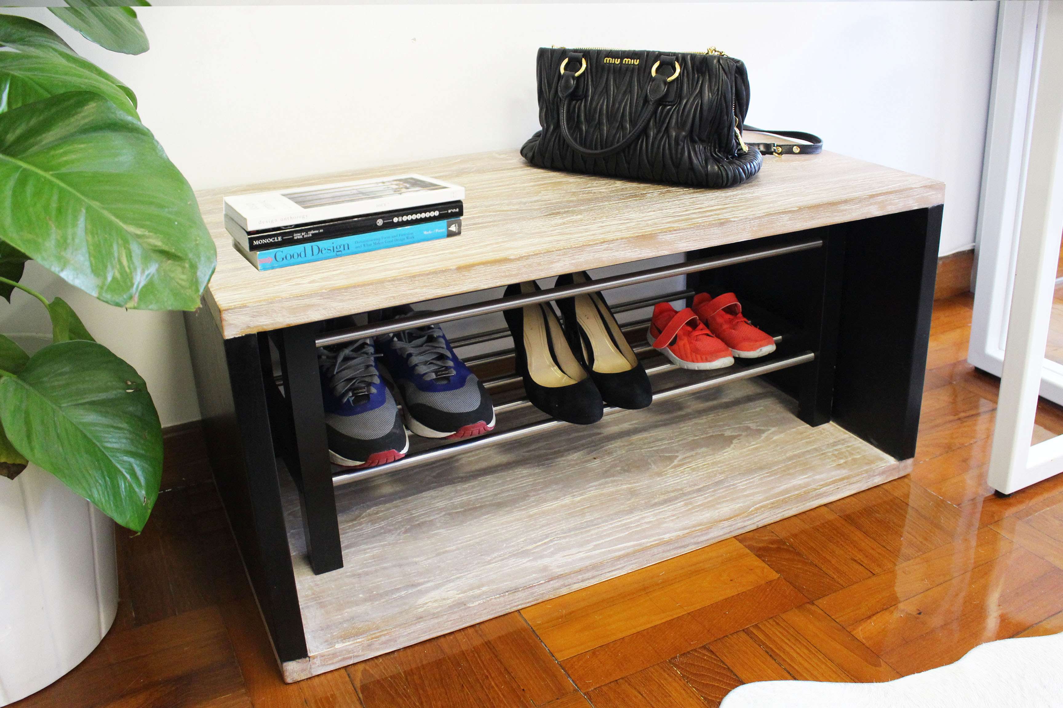 A shoe rack from Ikea and a compact bench from Reddie works wonders.