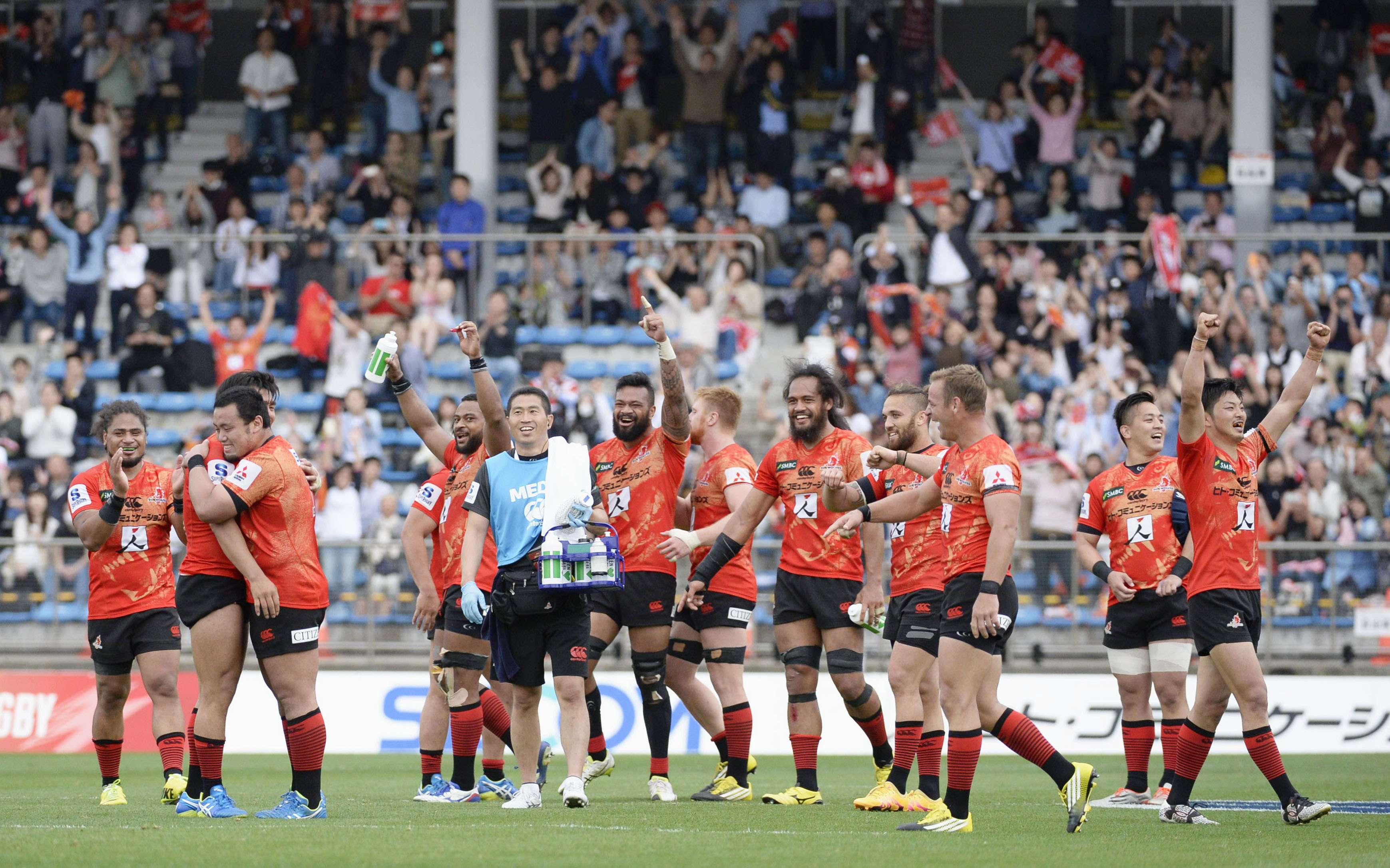 The Sunwolves celebrate after defeating the Jaguares 36-28 at Prince Chichibu Memorial Rugby Ground in Tokyo on Saturday for their first Super Rugby win. Photo: Kyodo