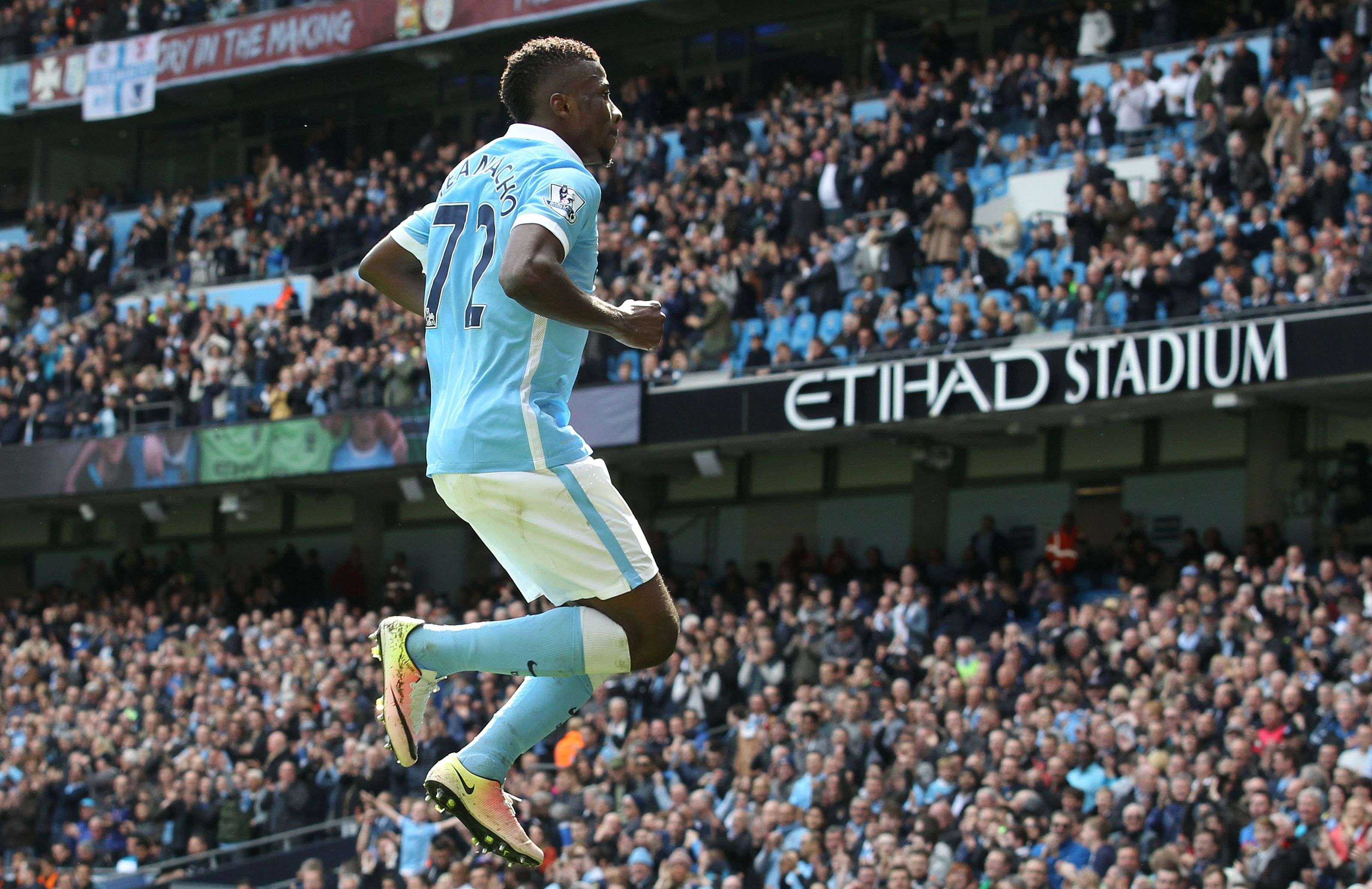 Manchester City's Nigerian striker Kelechi Iheanacho celebrates after scoring their fourth goal. Photo: AFP