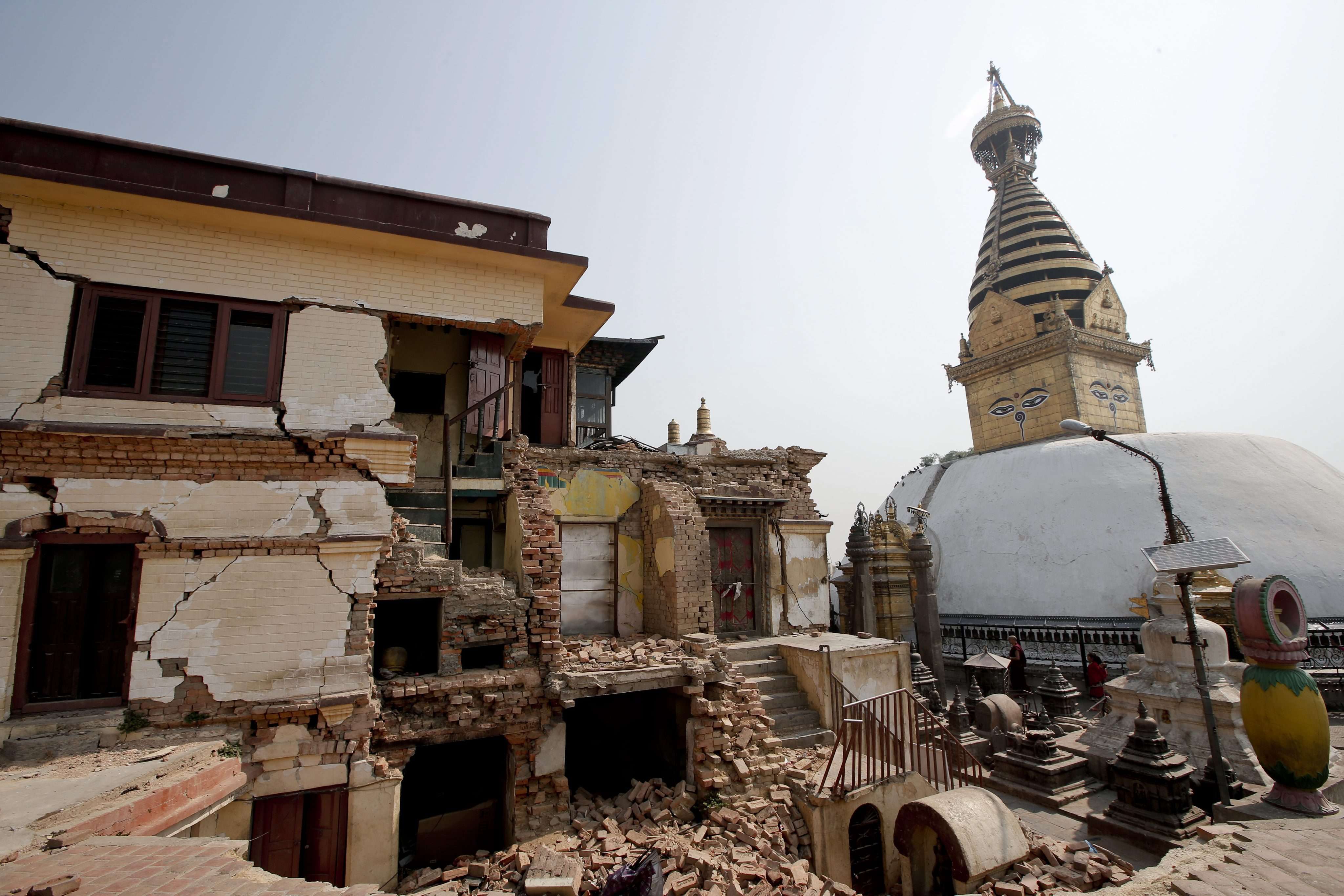 The grounds of Swayambhunath Stupa, a UNESCO world heritage site, still shows damage from the 2015 earthquake one year later. Photo: EPA