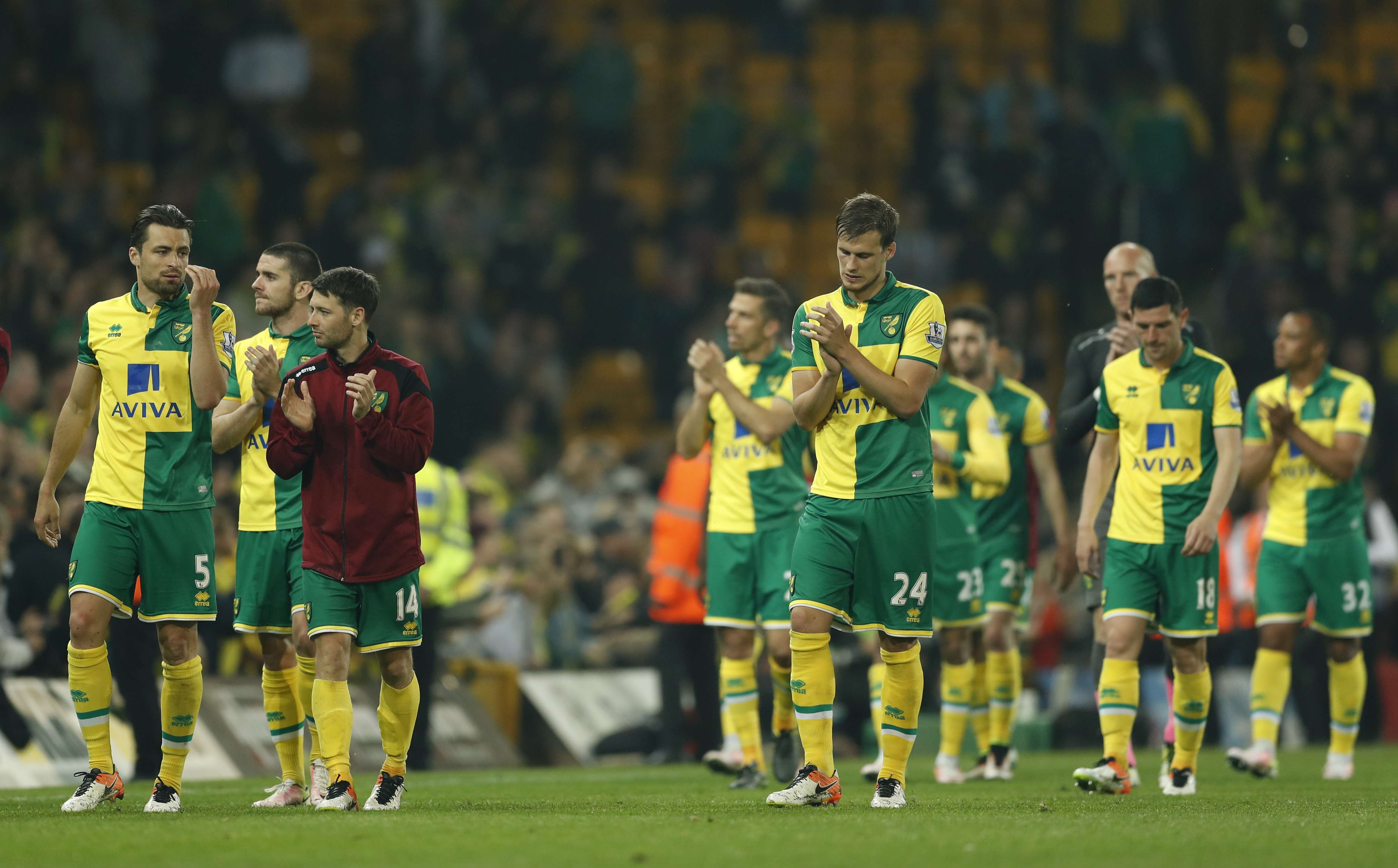 Norwich City players take a lap of honour after their final home game of the season after beating Watford. Photo: Reuters