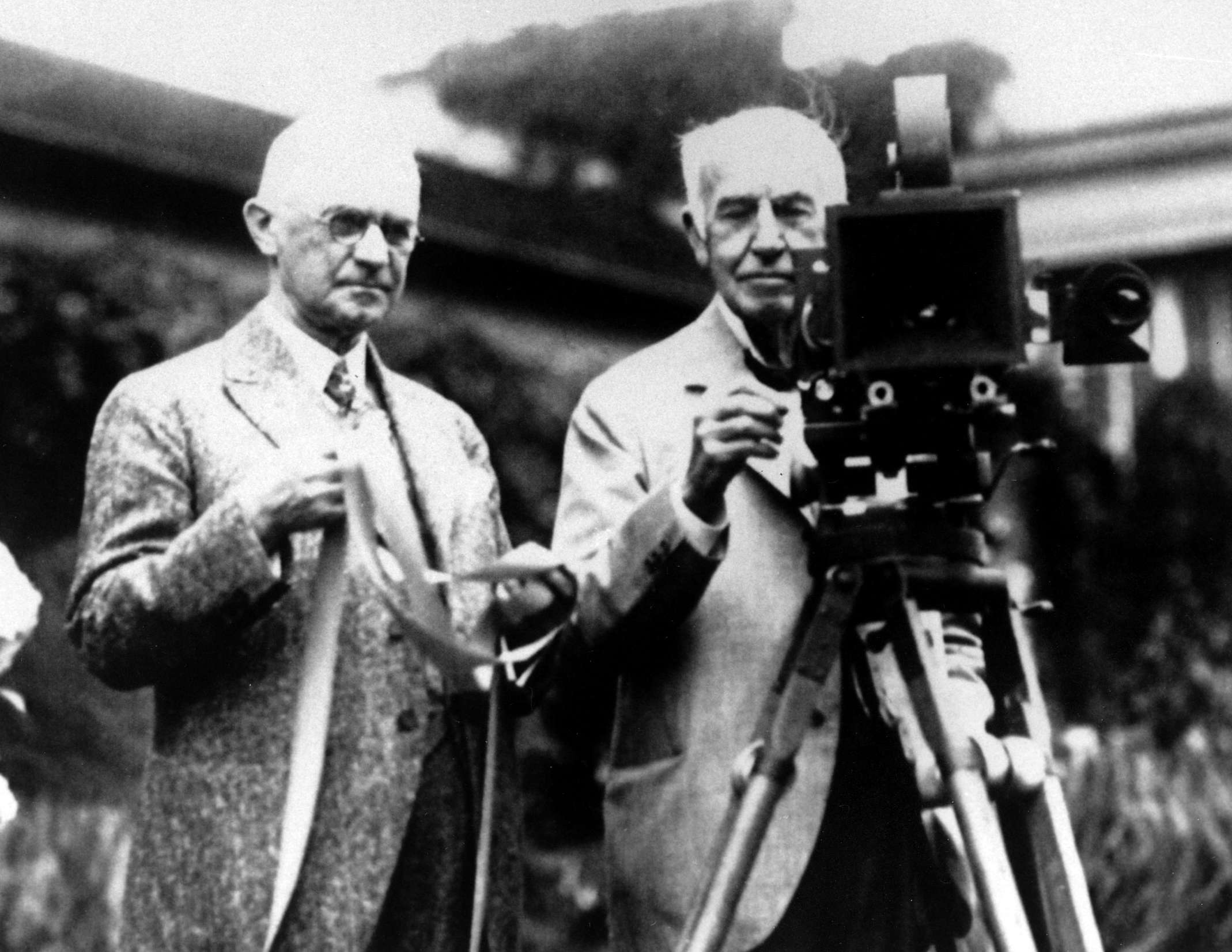 Thomas Edison (right) with Eastman Kodak Co founder George Eastman and one of his inventions. Photo: AP