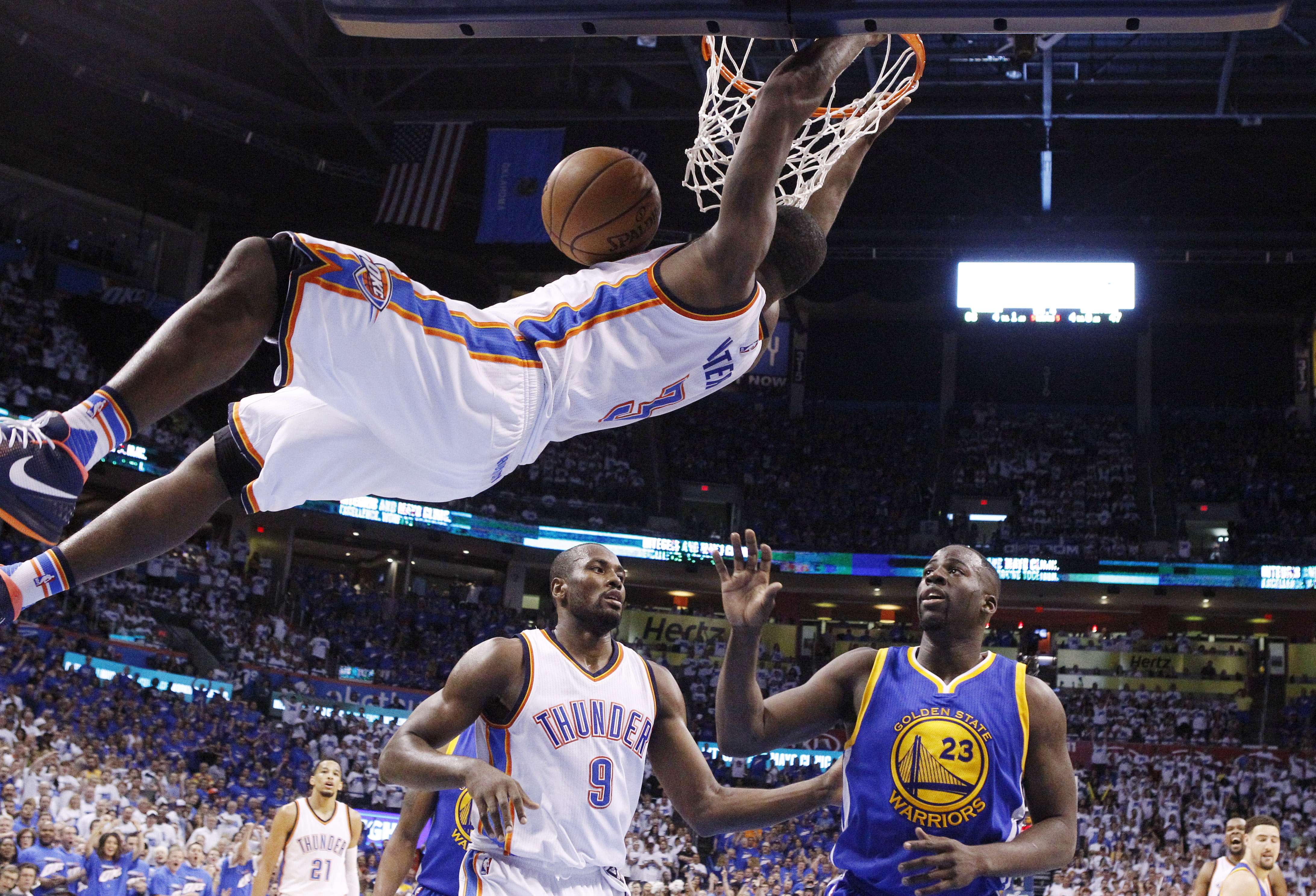 Oklahoma City Thunder guard Dion Waiters dunks against the Golden State Warriors during the first half of game three. Photo: AP