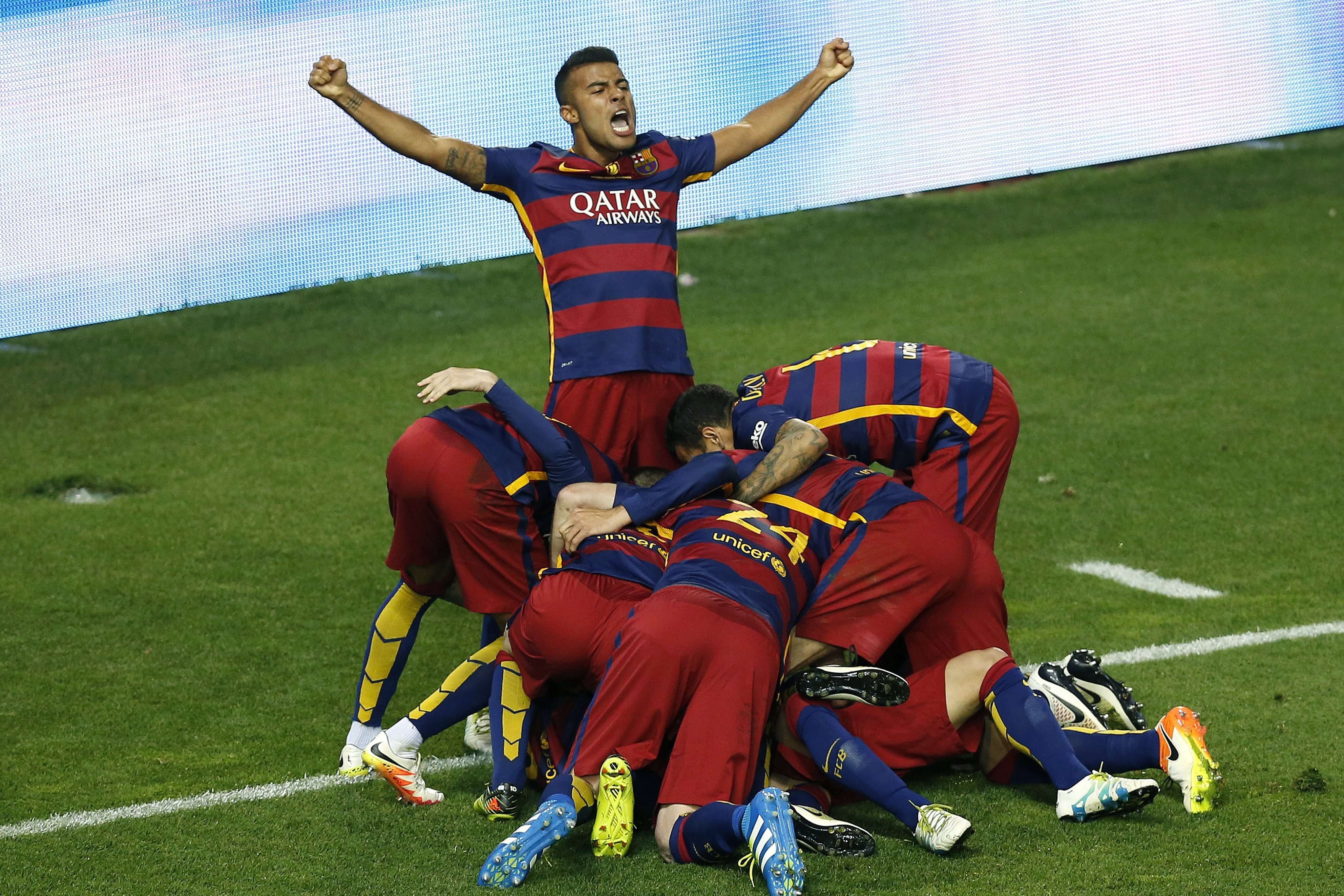Barcelona players celebrate Jordi Alba’s goal in extra-time of the Spanish King's Cup final. Photo: EPA