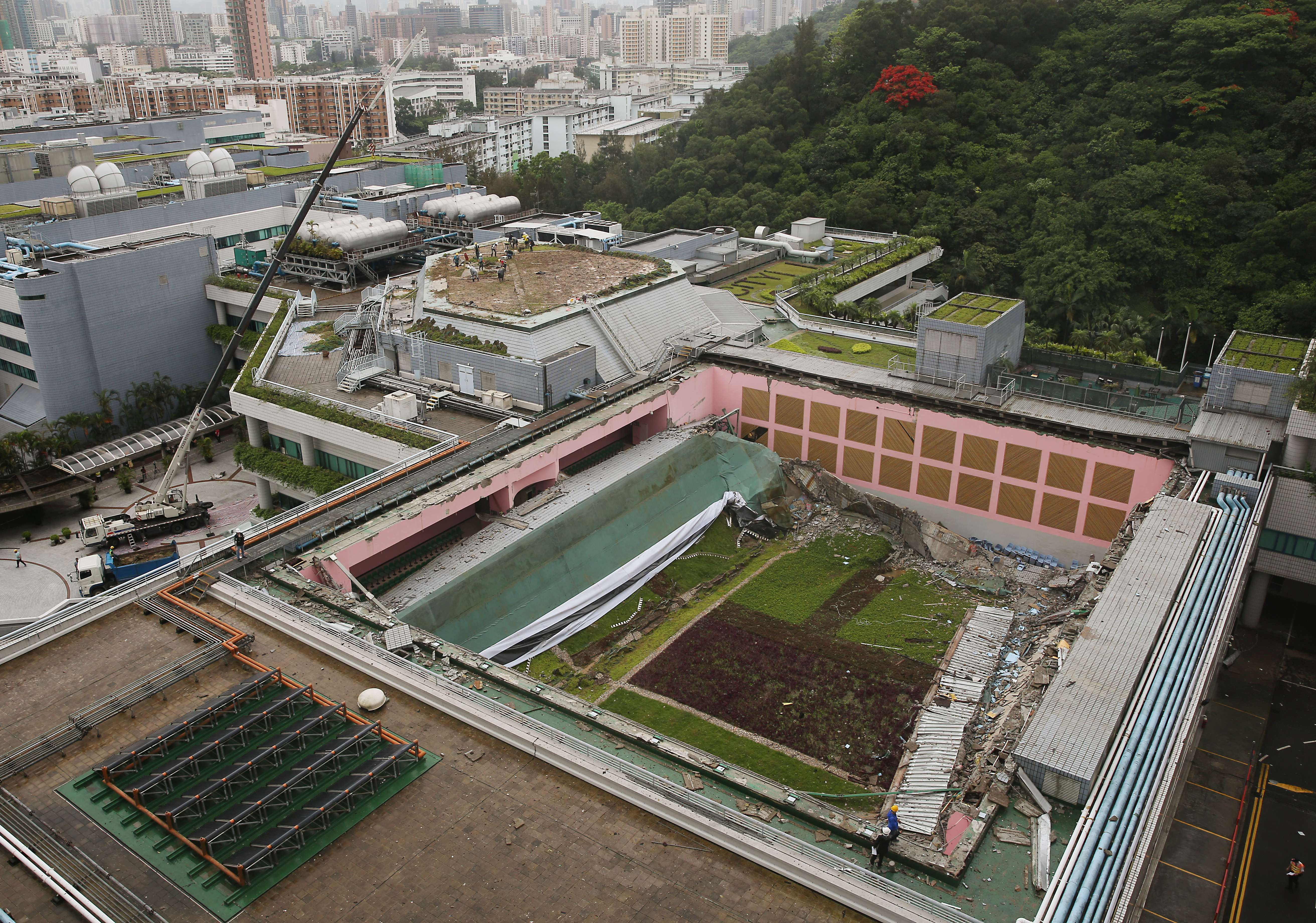 The collapsed roof on City University’s Kowloon Tong campus. Photo: Sam Tsang