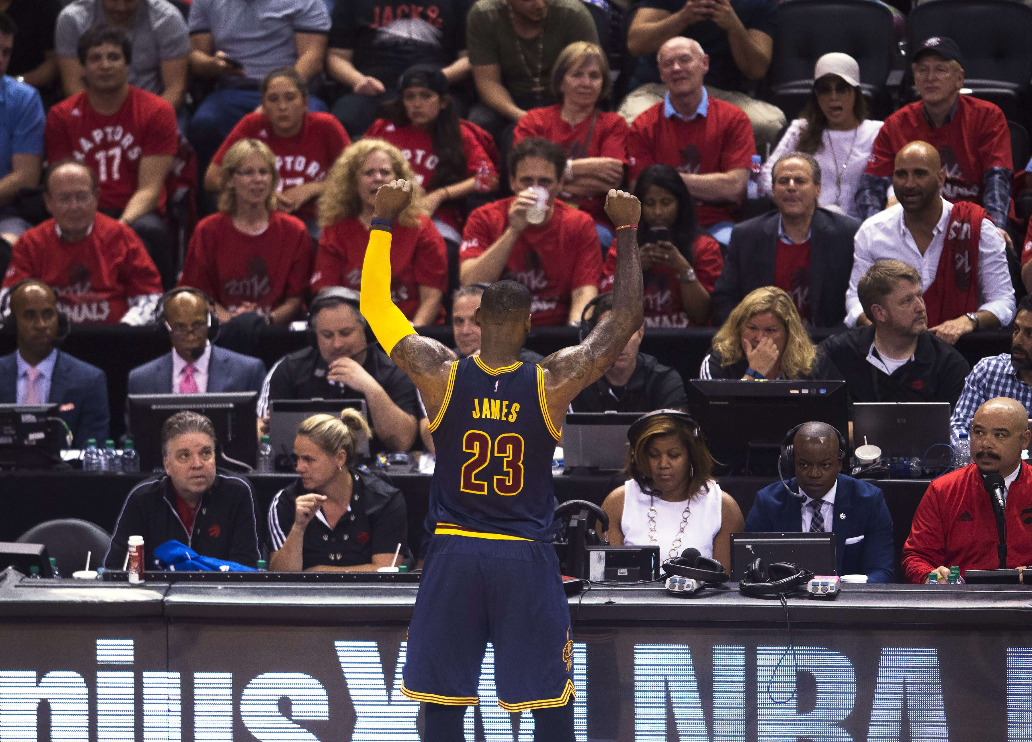 Cleveland Cavaliers forward LeBron James reacts to the crowd during game six against the Toronto Raptors. Photo: AP