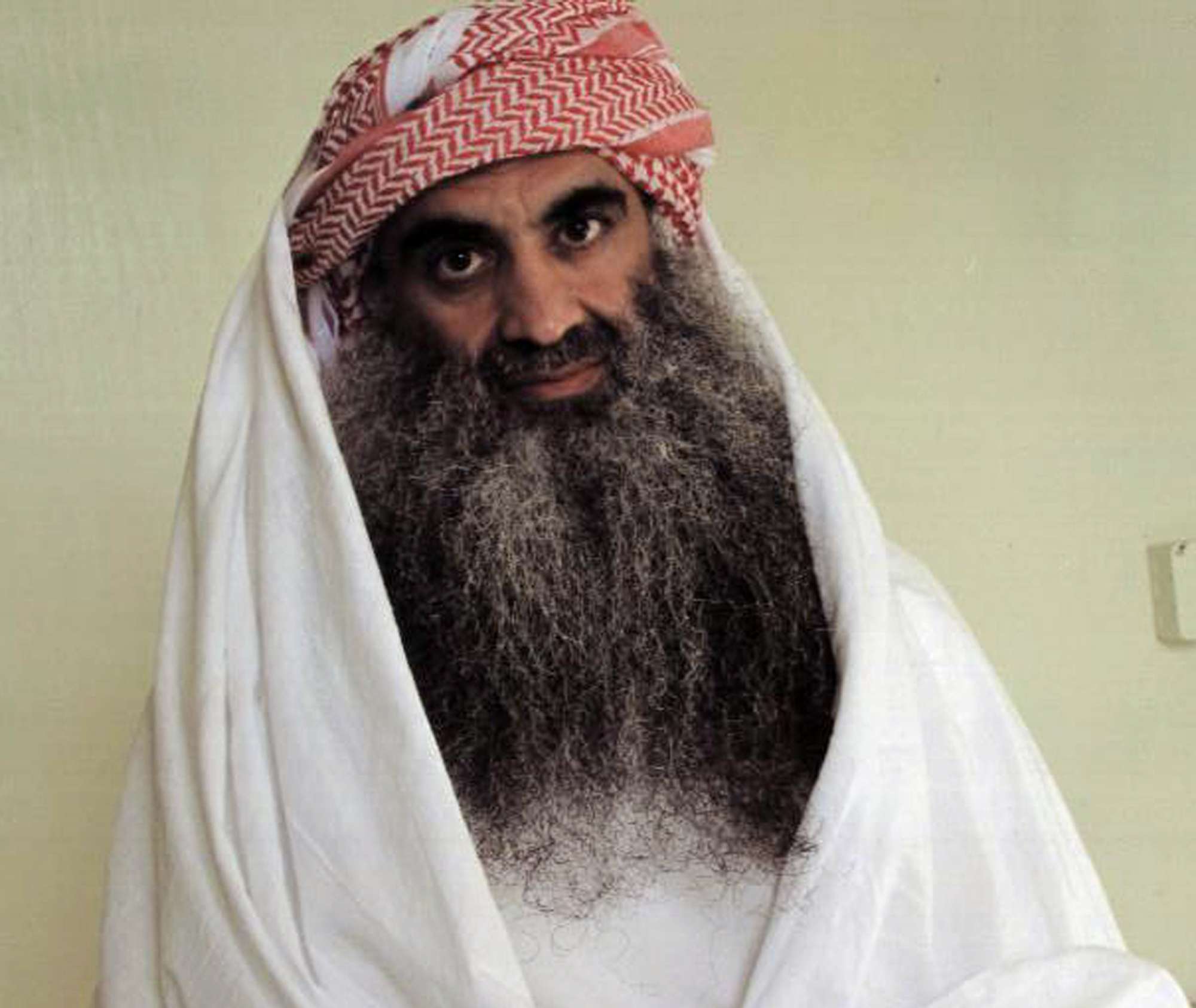This undated file photo downloaded from the Arabic language Internet site www.muslm.net putports to show Khalid Sheikh Mohammed , the accused mastermind of the September 11 attacks, in detention at Guantanamo Bay. Photo: AP