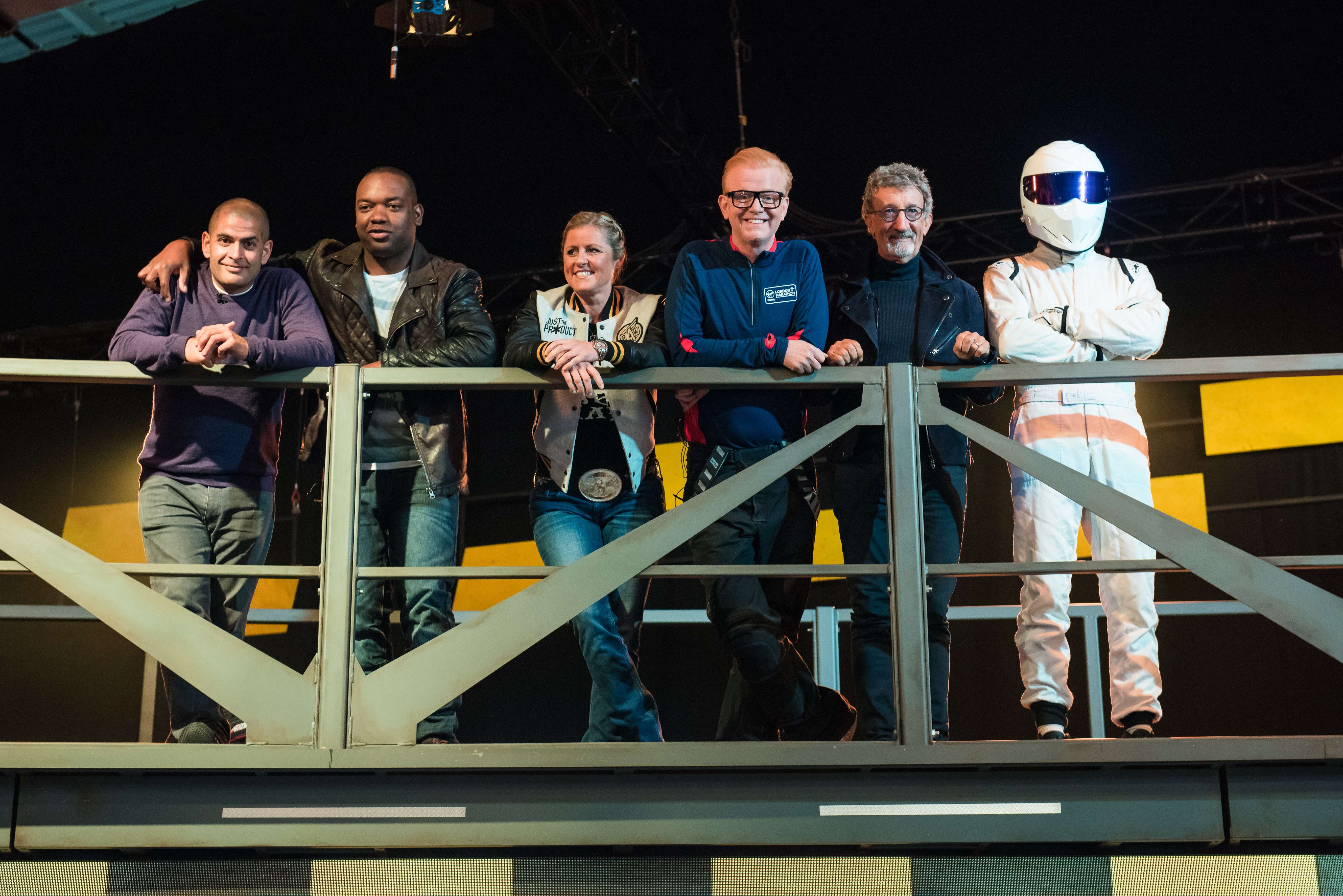 The new cast of Top Gear (from left): Chris Harris, Rory Reid, Sabine Schmitz, Chris Evans, Eddie Jordan and the Stig.