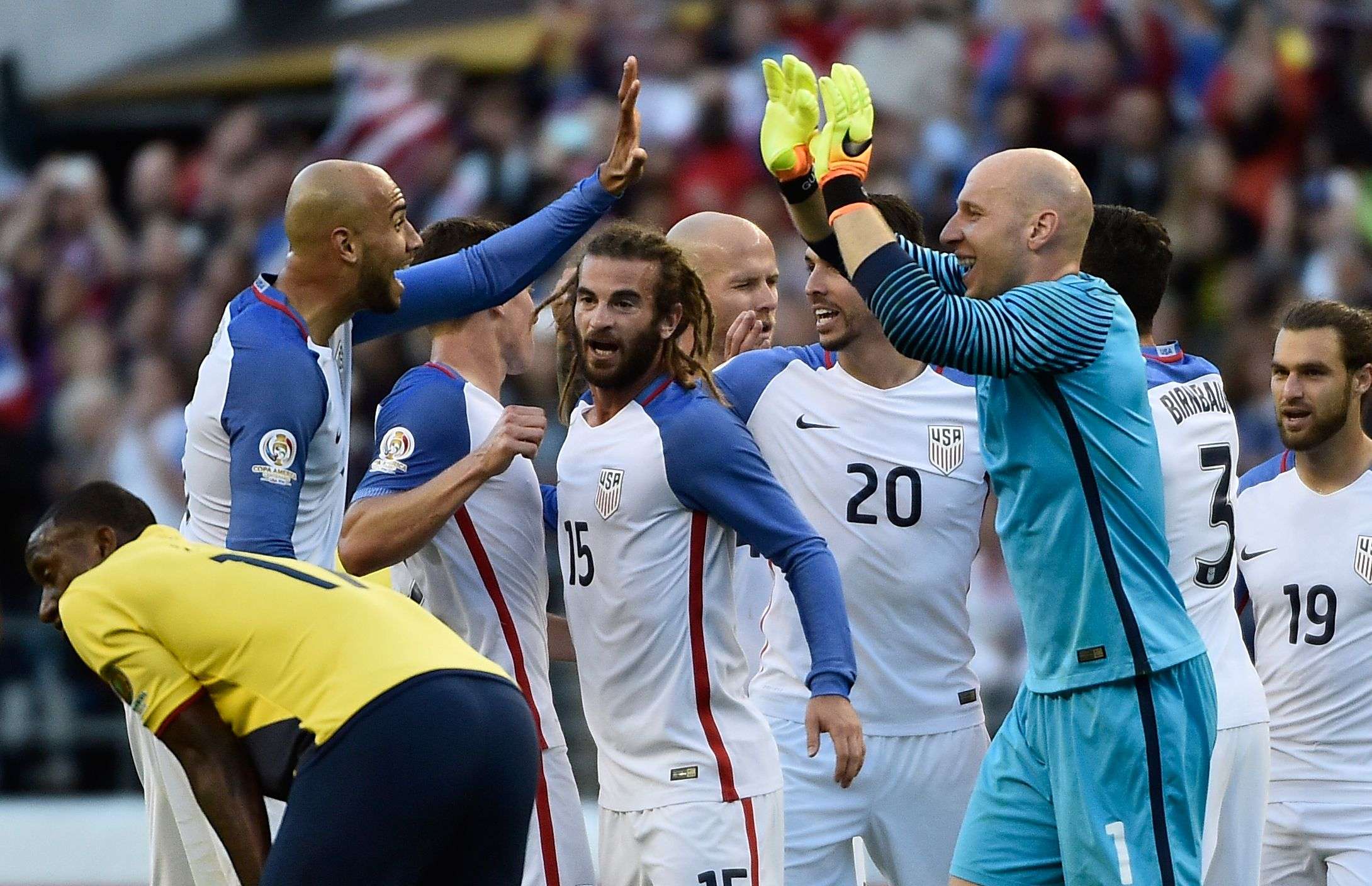 USA players celebrate after the defeat of Ecuador put them in the last four of Copa America for the second time. Photo: AFP