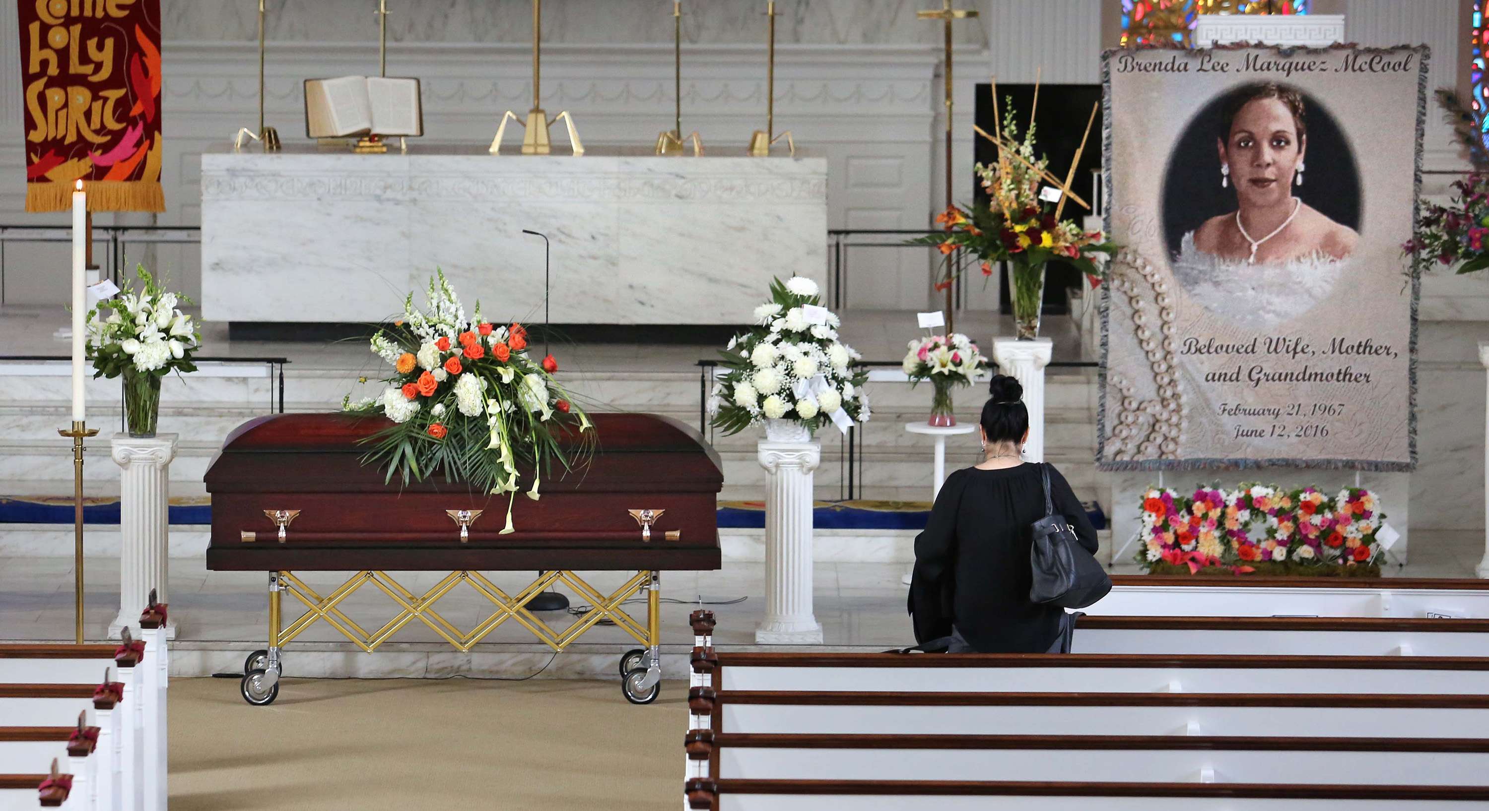 A mourner arrives for the funeral of Pulse shooting victim Brenda Lee Marquez McCool at First United Methodist Church on Monday in downtown Orlando, Florida. Photo: Tribune News Service