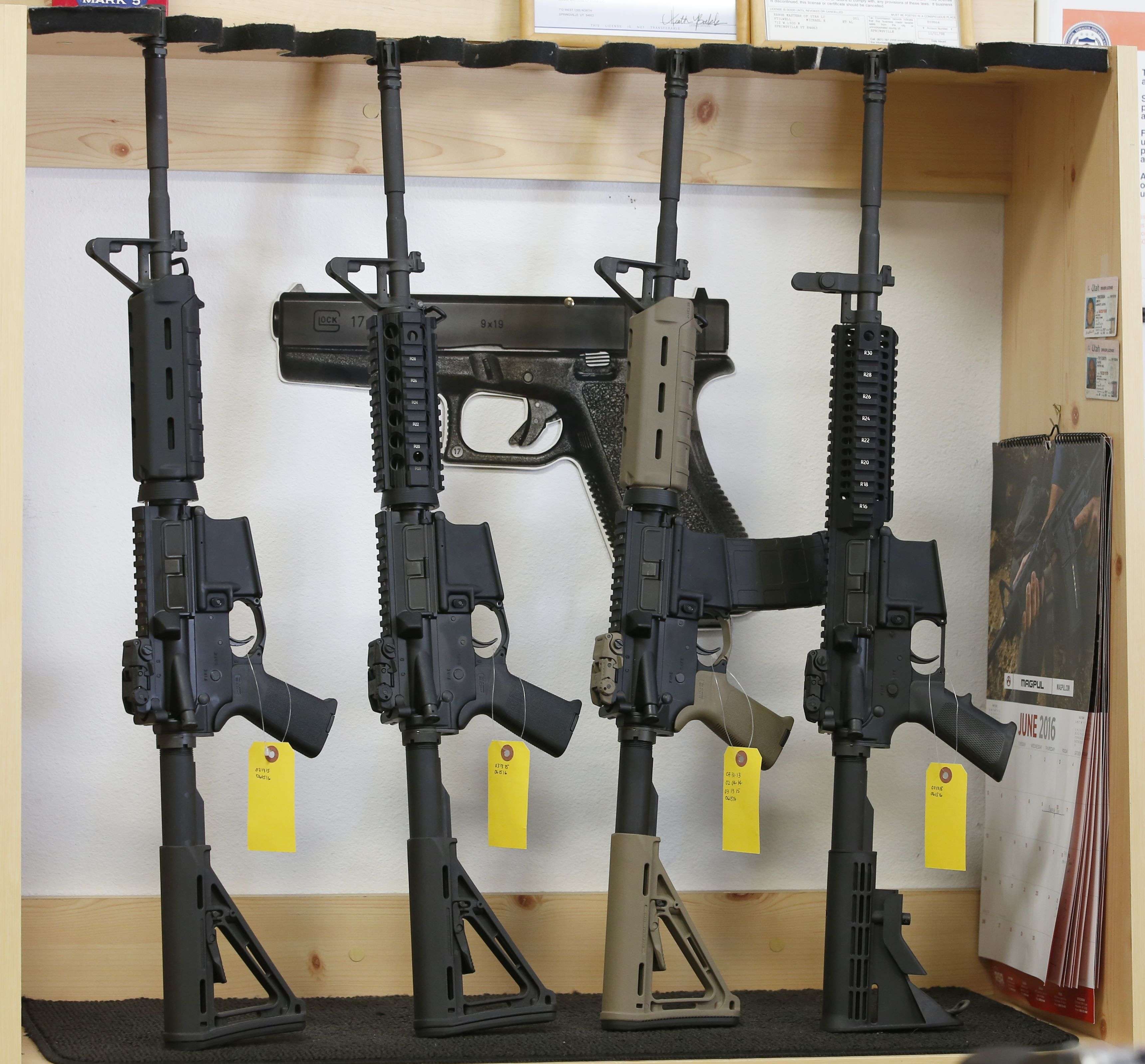 AR-15 semi-automatic rifles are on display for sale at Action Target in Springville, Utah. Photo: AFP
