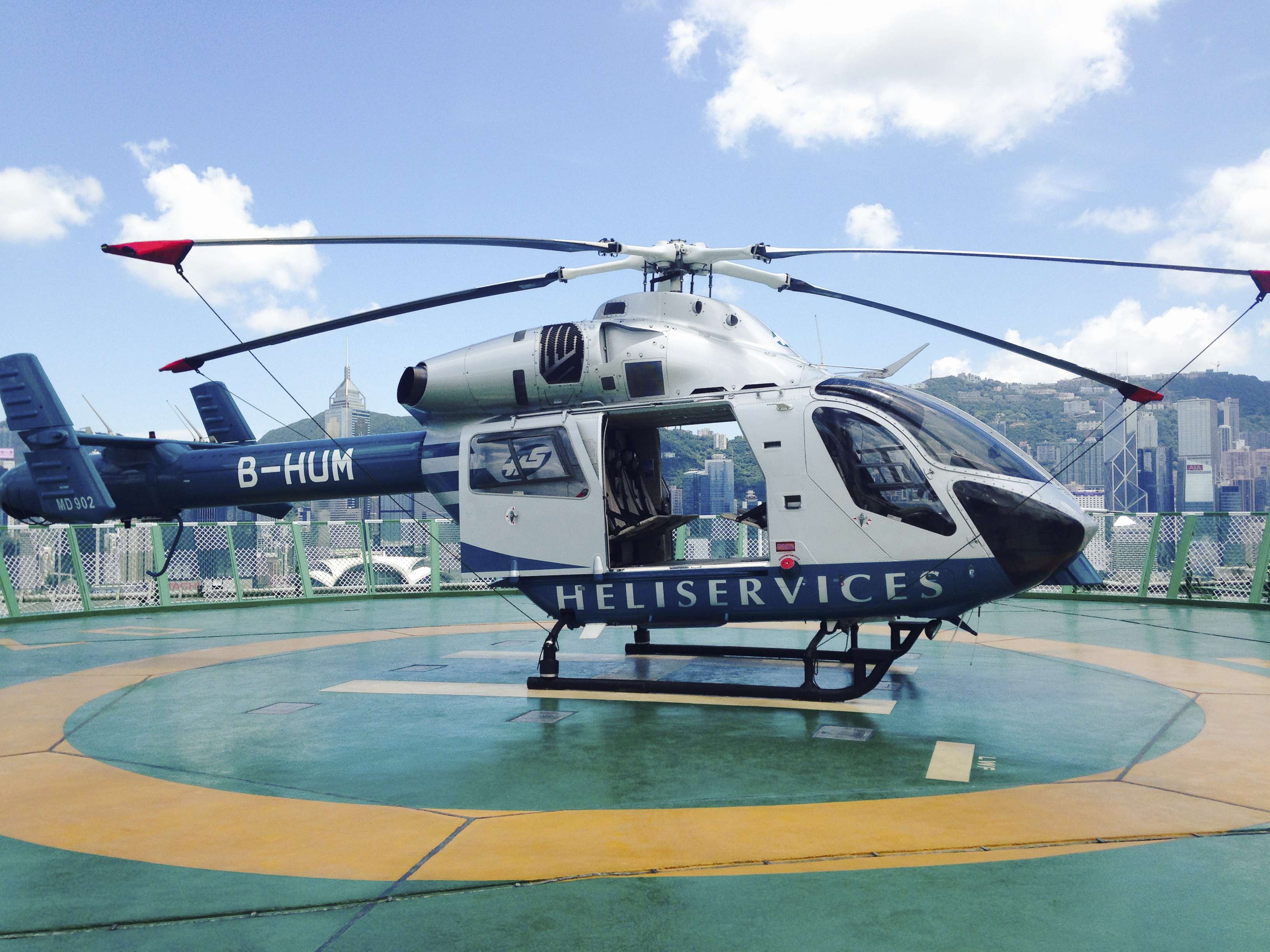 The helicopter used for Viator’s tour of Hong Kong, parked on the roof of The Peninsula hotel, in Tsim Sha Tsui. Pictures: Rachael Barker