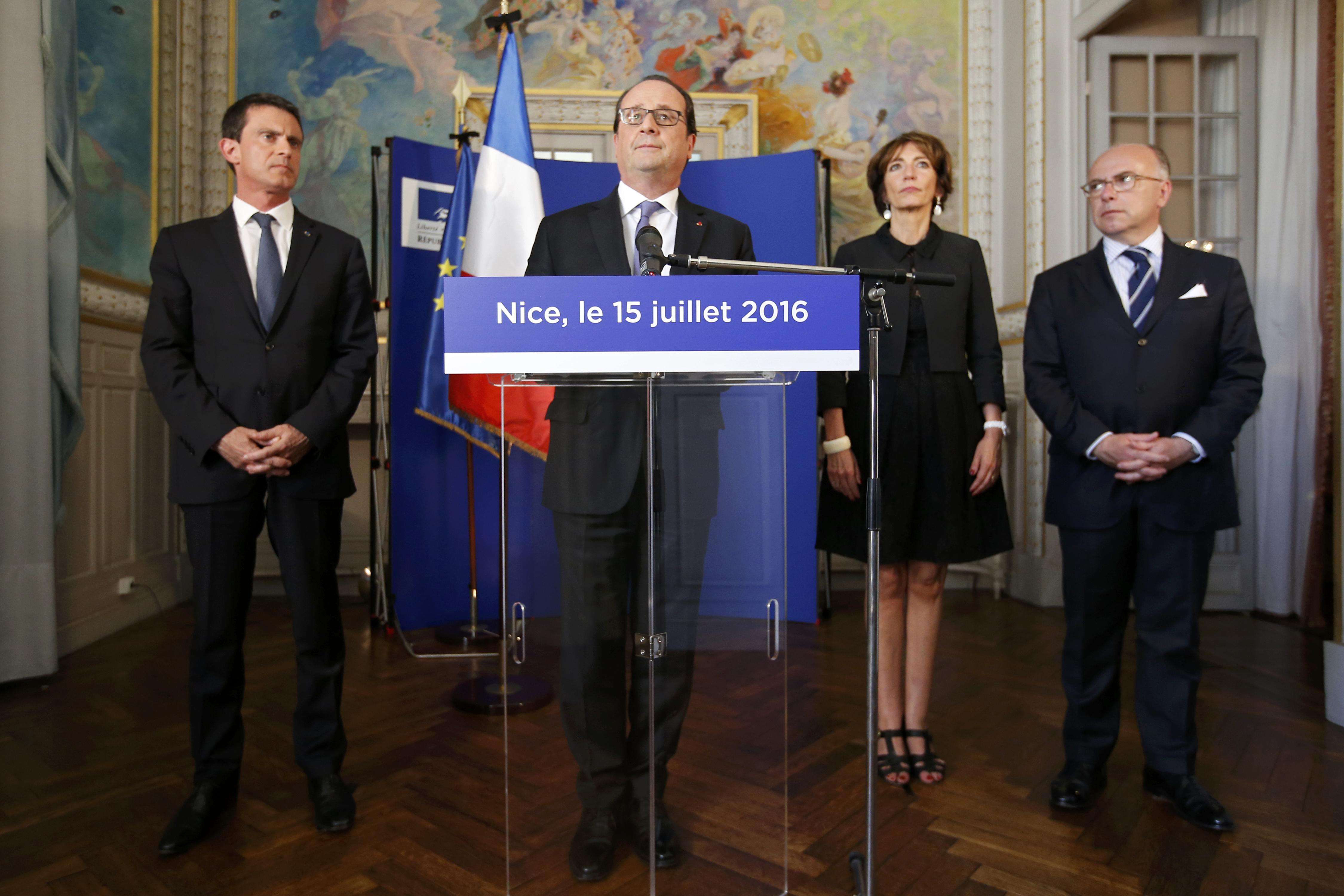 French President Francois Hollande with Prime Minister Manuel Valls (left), Interior Minister Bernard Cazeneuve (right) and Minister of Health Marisol Touraine as he speaks to journalists at Prefectoral Palace. Photo: Reuters