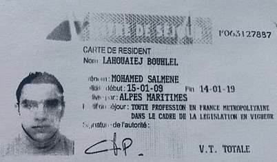 A reproduction of the residence permit of Mohamed Lahouaiej-Bouhlel. Photo: AFP