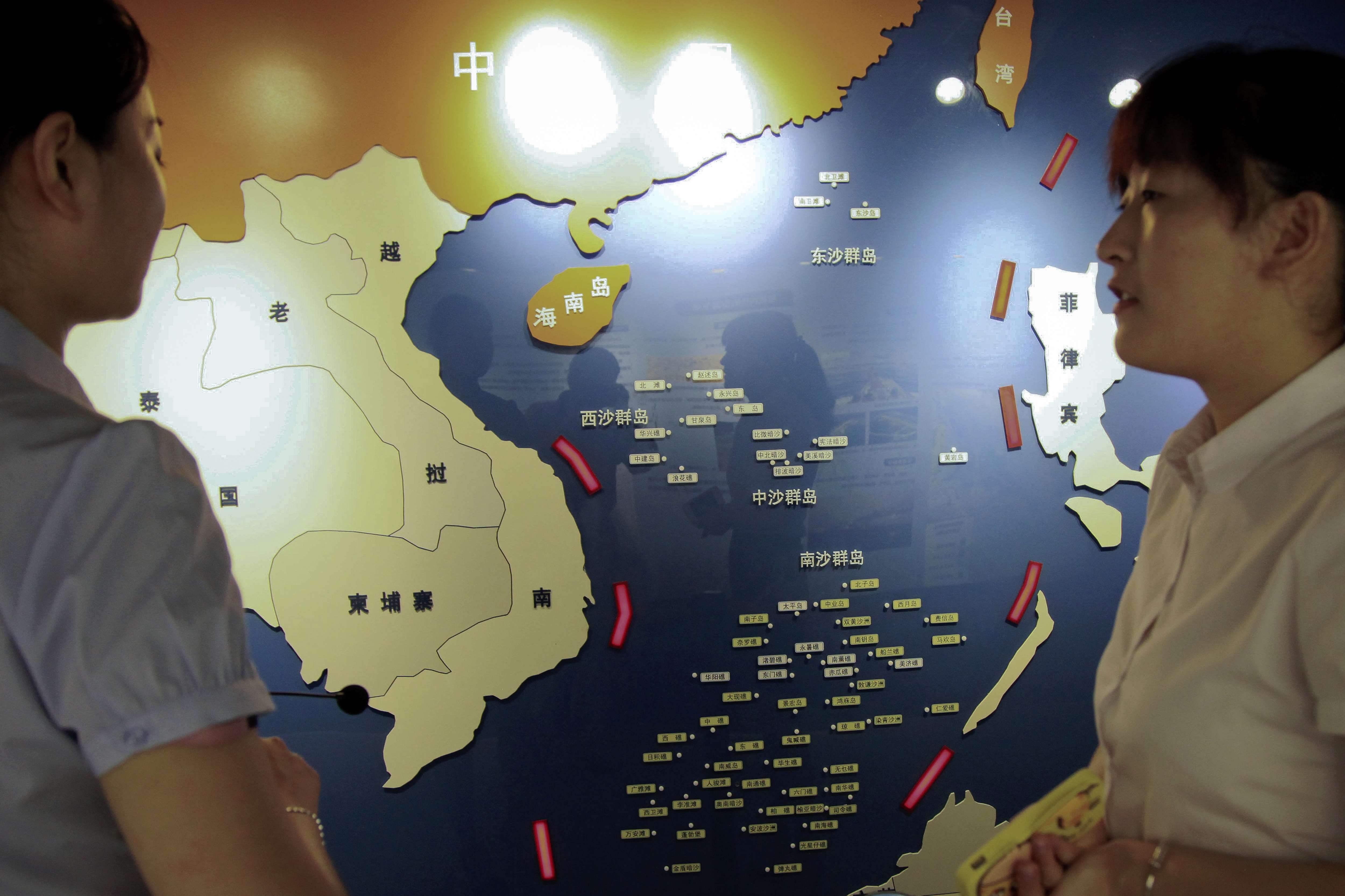 A map of South China Sea is on display at a maritime defence educational facility in Nanjing, Jiangsu province. Photo: AP