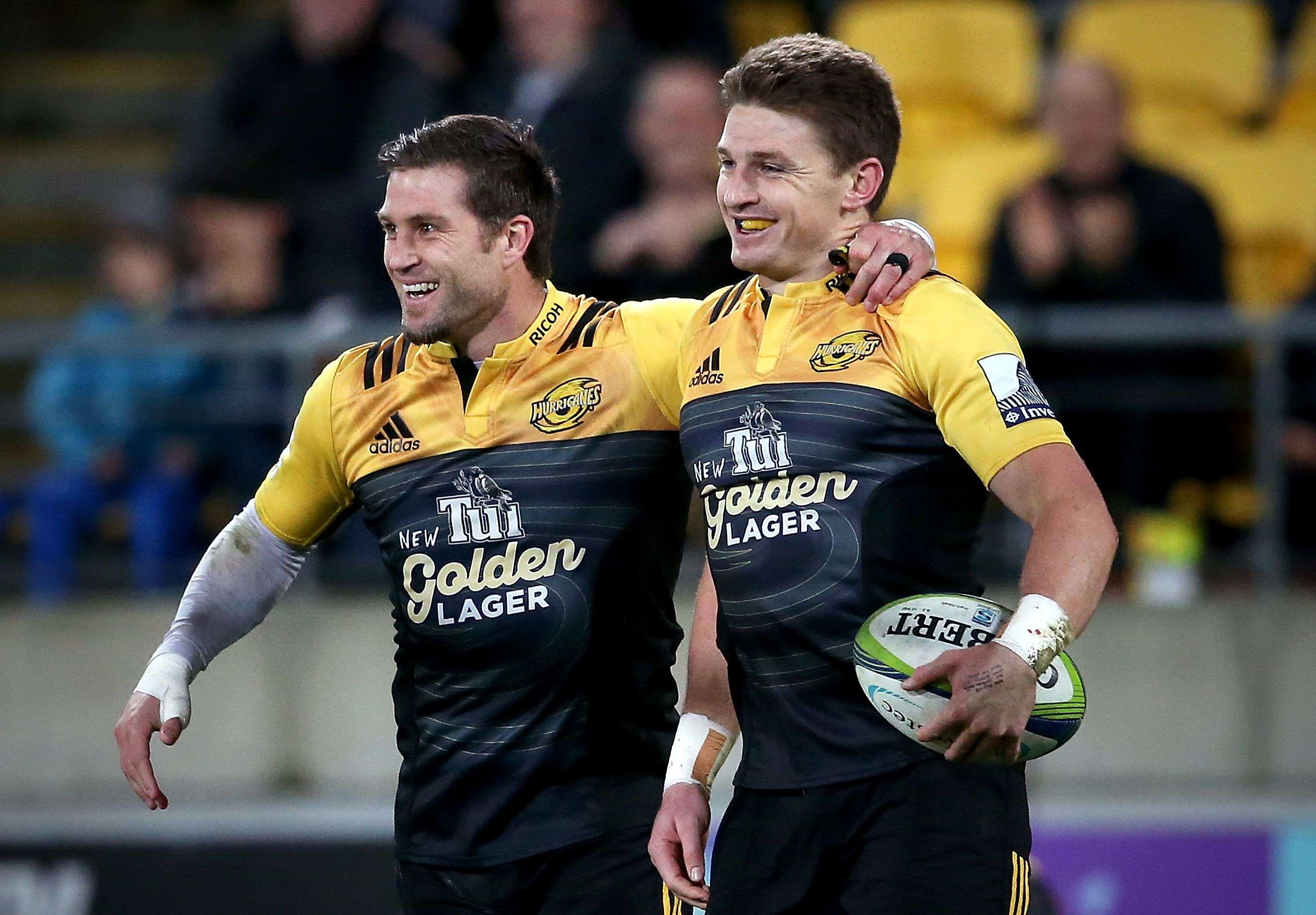 Hurricanes fly-half Beauden Barrett (right) celebrates with team-mate Cory Jane. Photo: AFP