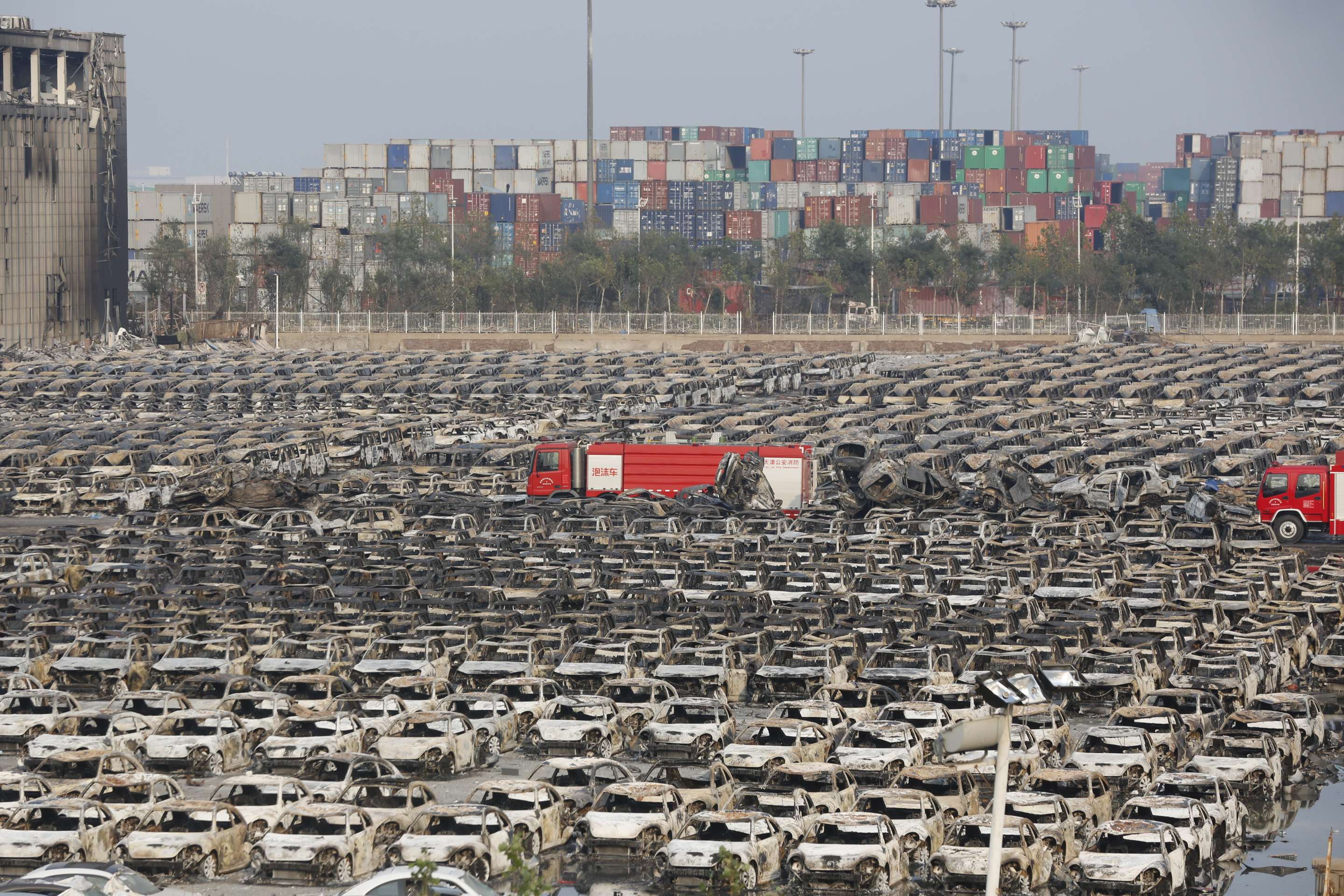 Brand new motor vehicles destroyed by the explosion in the Binhai New District of Tianjin in August 2015. Photo: China Foto Press