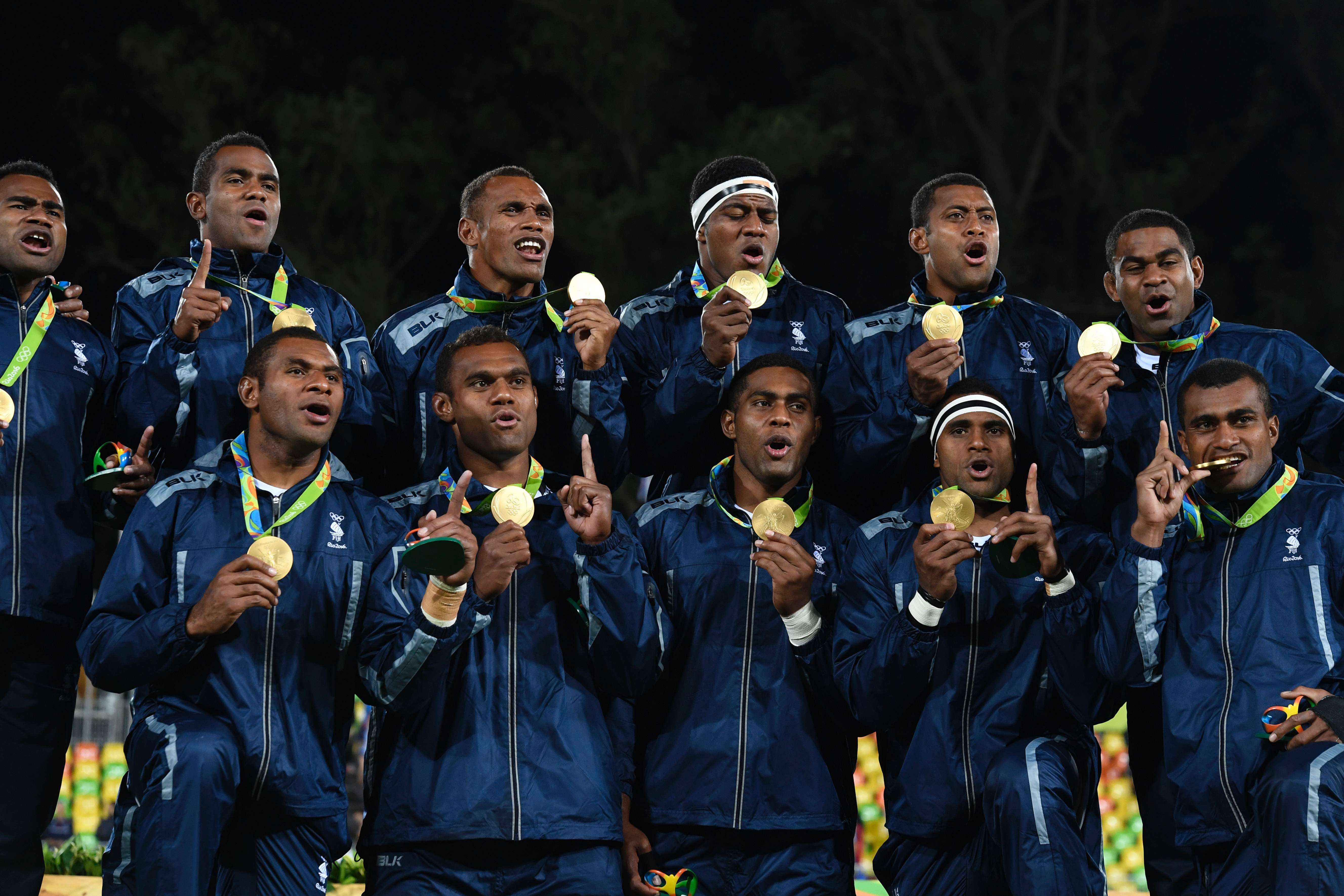 Fiji celebrate securing a first-ever Olympic gold medal for the Pacific island nation, in the men’s rugby sevens. Photo: AFP