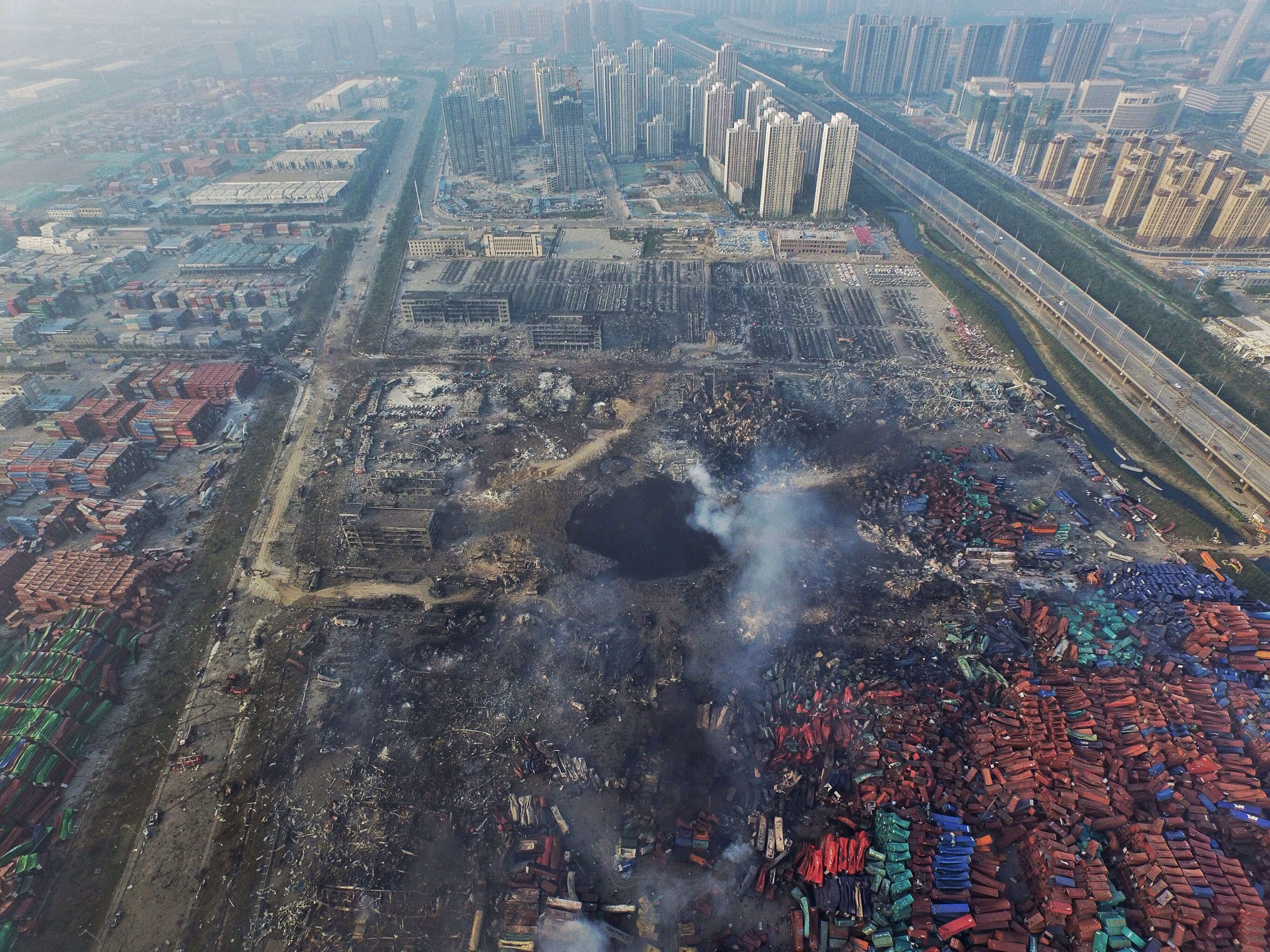 An aerial view of the aftermath of the huge explosions and fire that rocked the port city of Tianjin, China, in August 2015. Photo: EPA