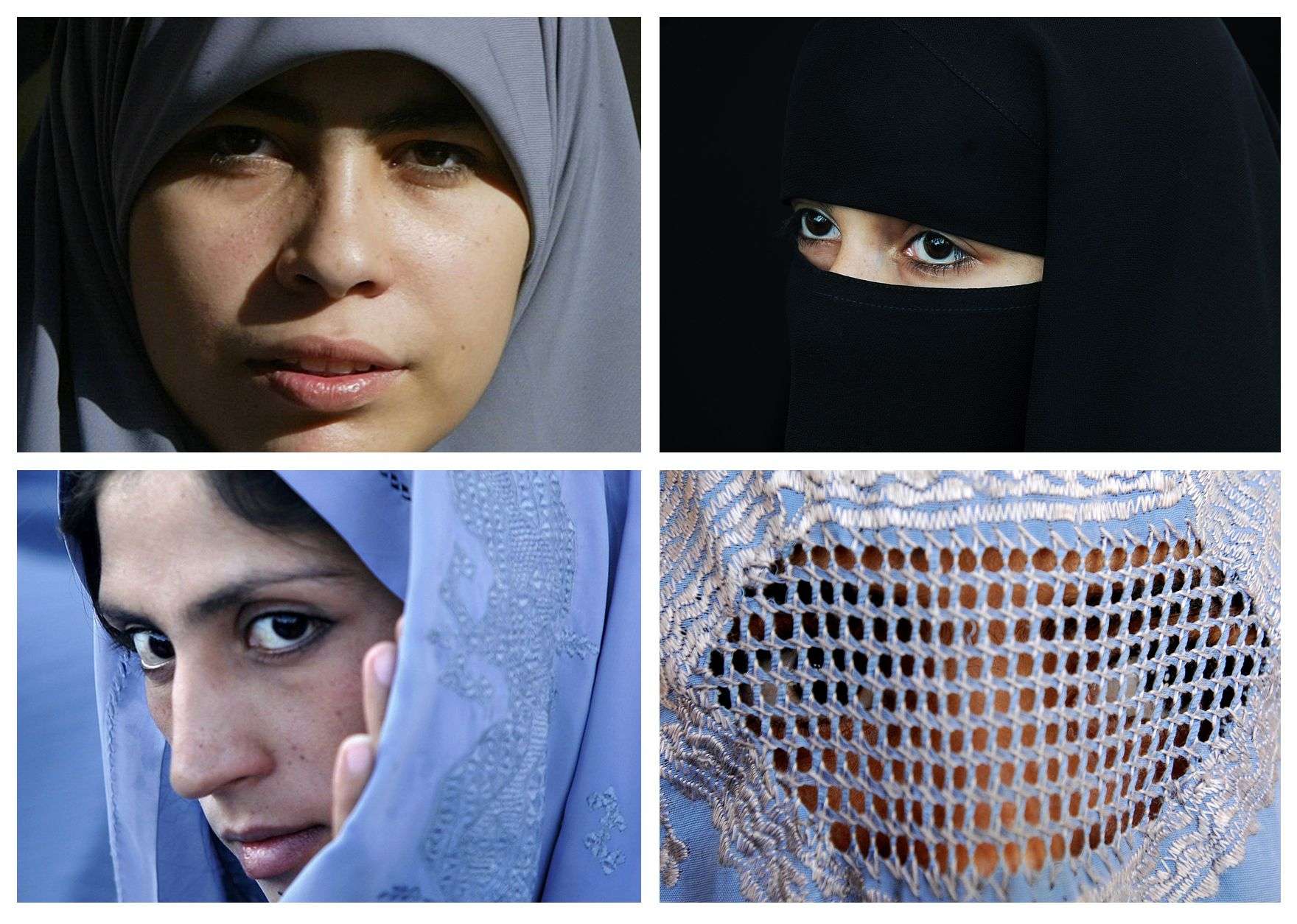 Muslim women in Islamic veils (clockwise from top left), the hijab, niqab, burqa and chador. Several state and local governments around Europe have banned various types of face-covering veils in public places. Photo: AFP