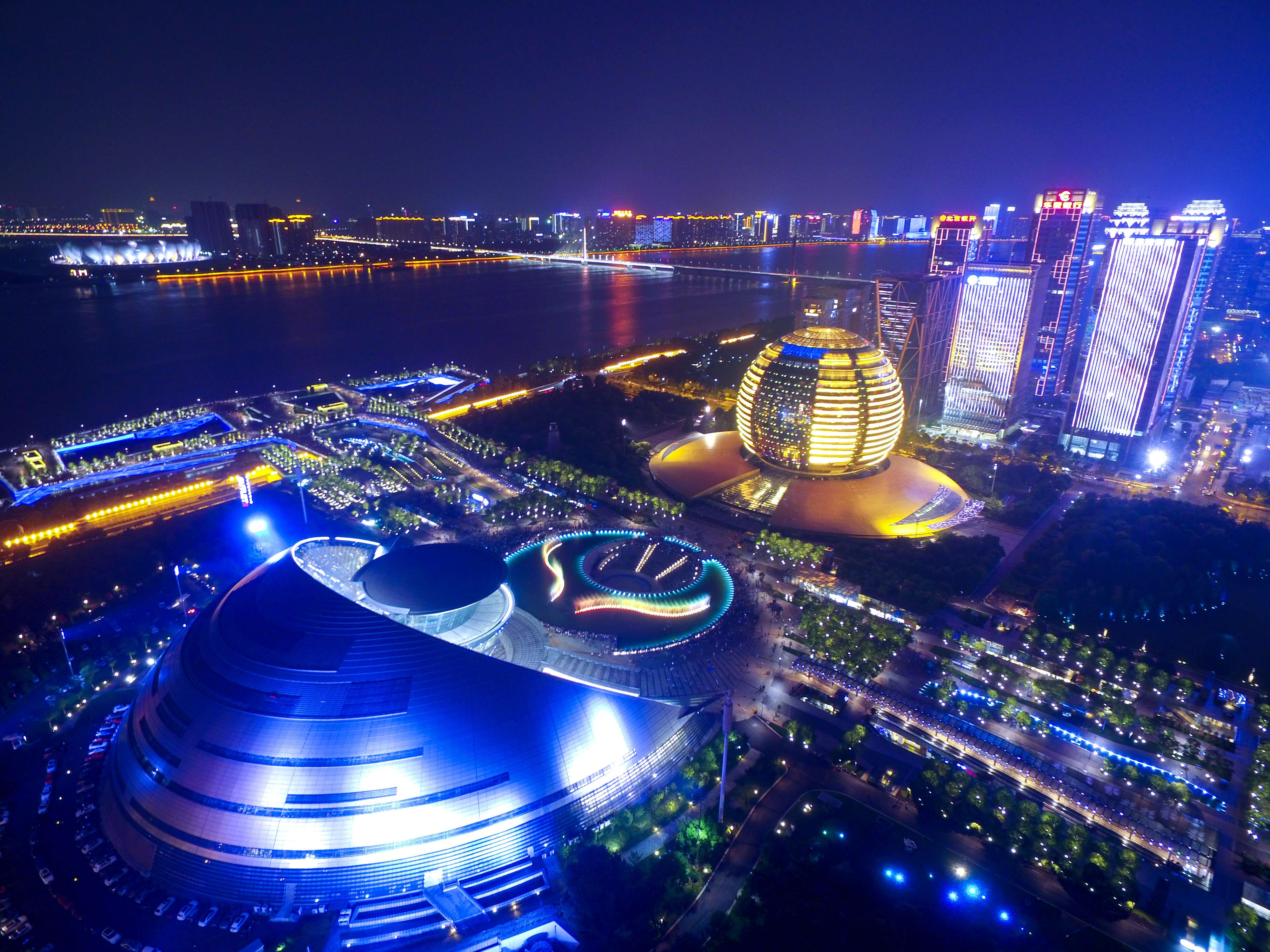 The venues of the B20 and G20 conferences sit across the Qiantang river from each other in Hangzhou. Photo: Imaginechina