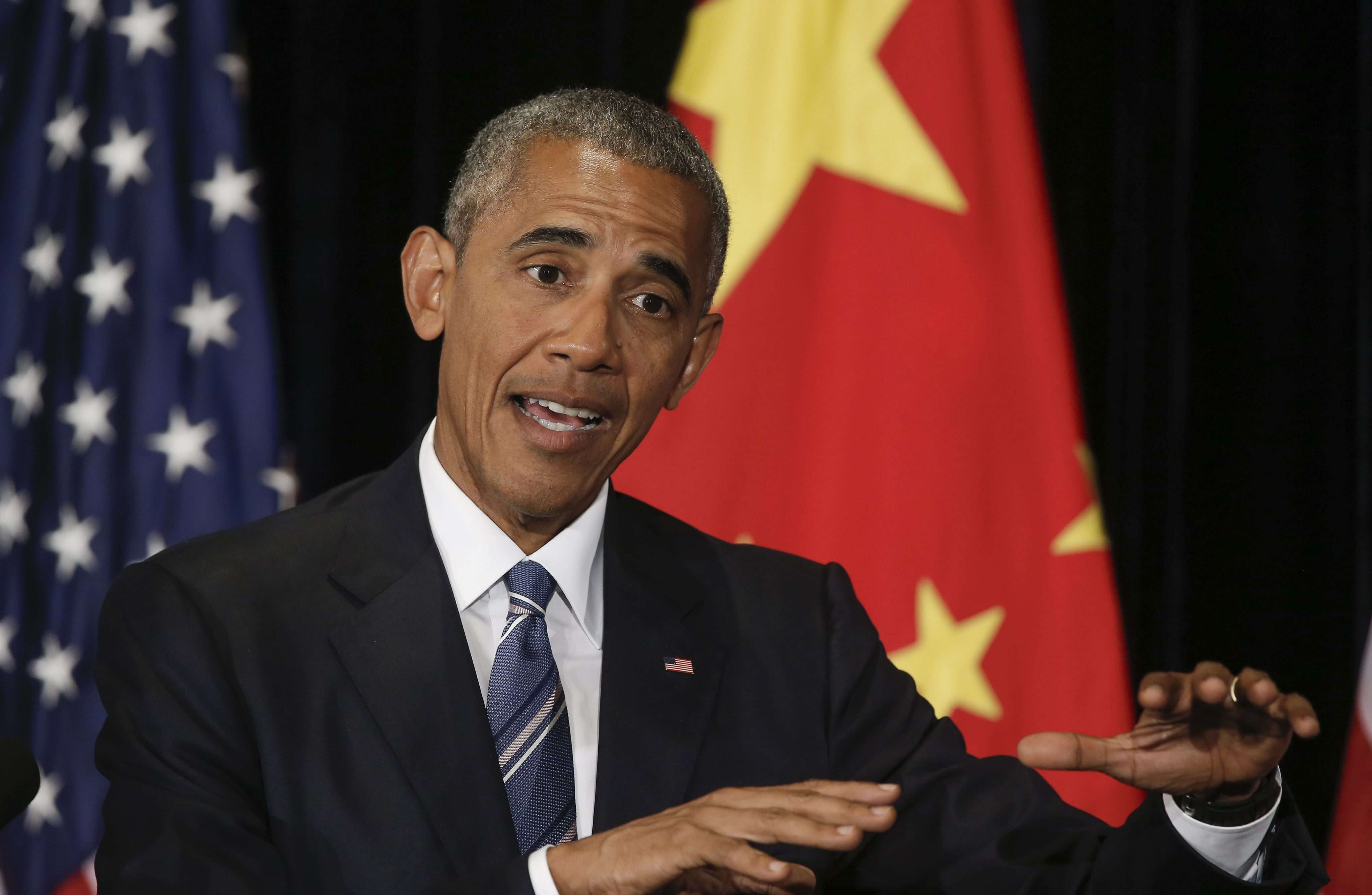 US President Barack Obama spoke for about 40 minutes at a packed press conference in Hangzhou. Photo: EPA