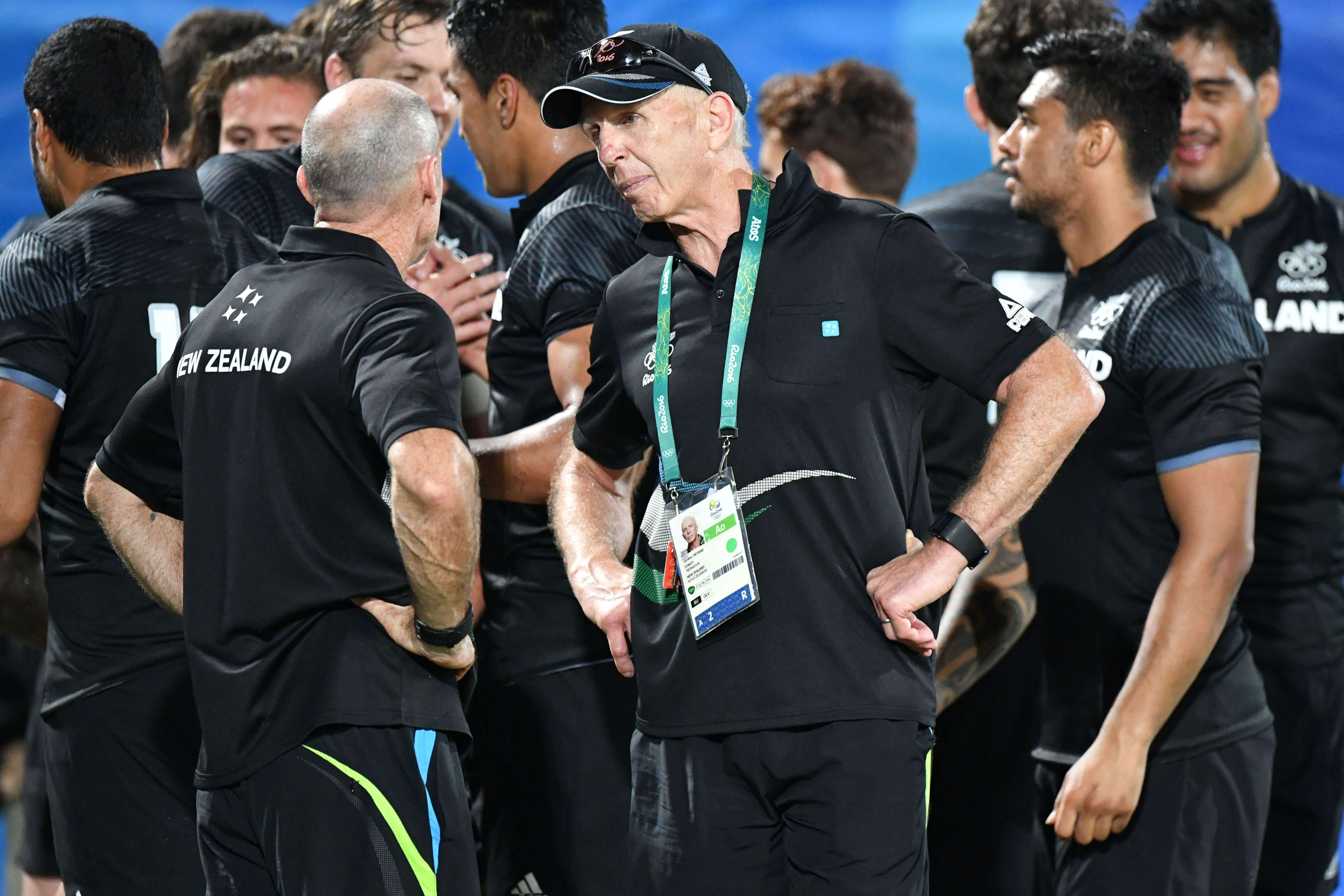 Gordon Tietjens (centre) with his staff at the Rio Olympics in August. Photo: AFP