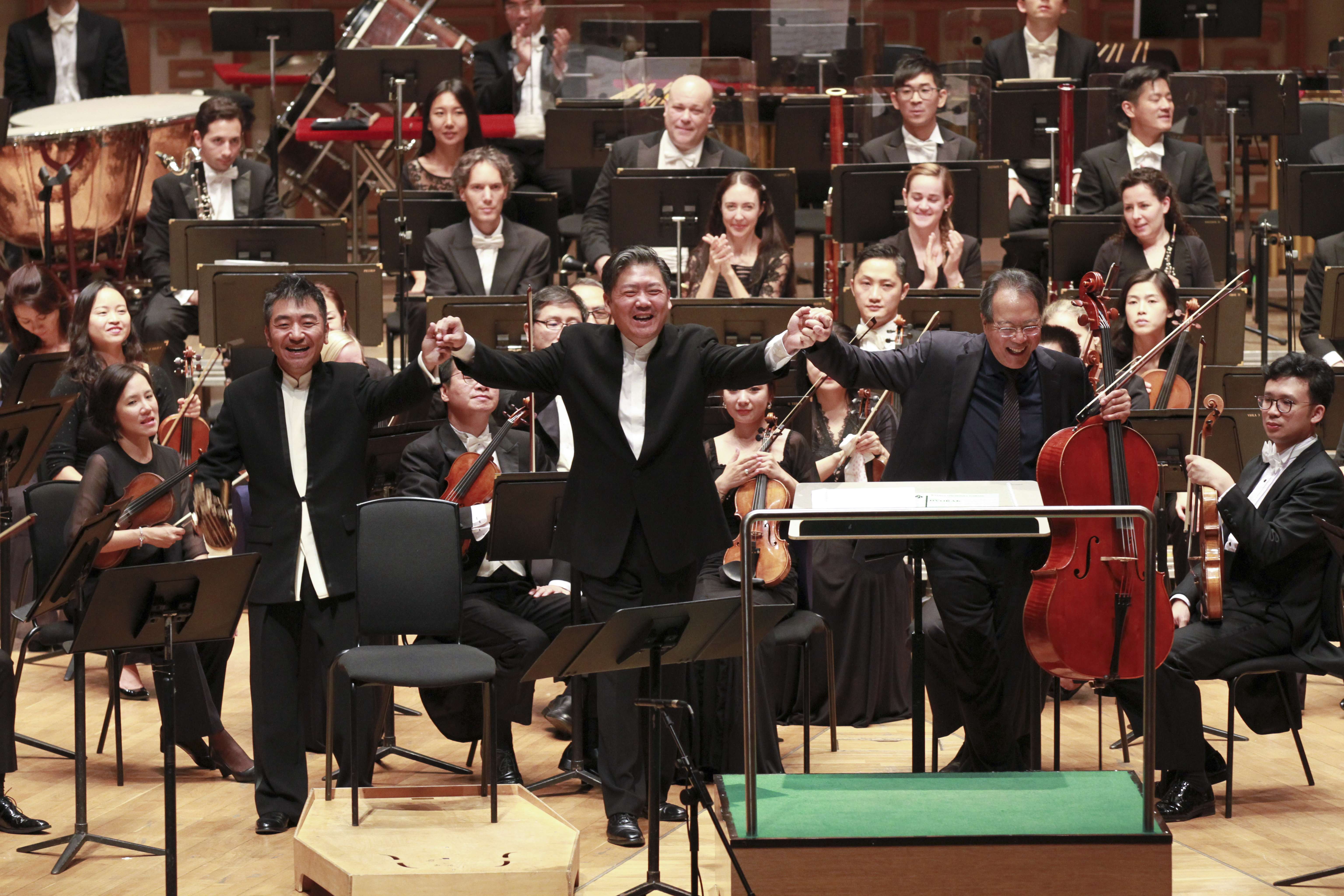 Hong Kong Philharmonic Orchestra's 2016/2017 season opening concert featuring (from left) sheng player Wu Tong, principal guest conductor Yu Long and cellist Yo-Yo Ma. Photos: Hong Kong Philharmonic