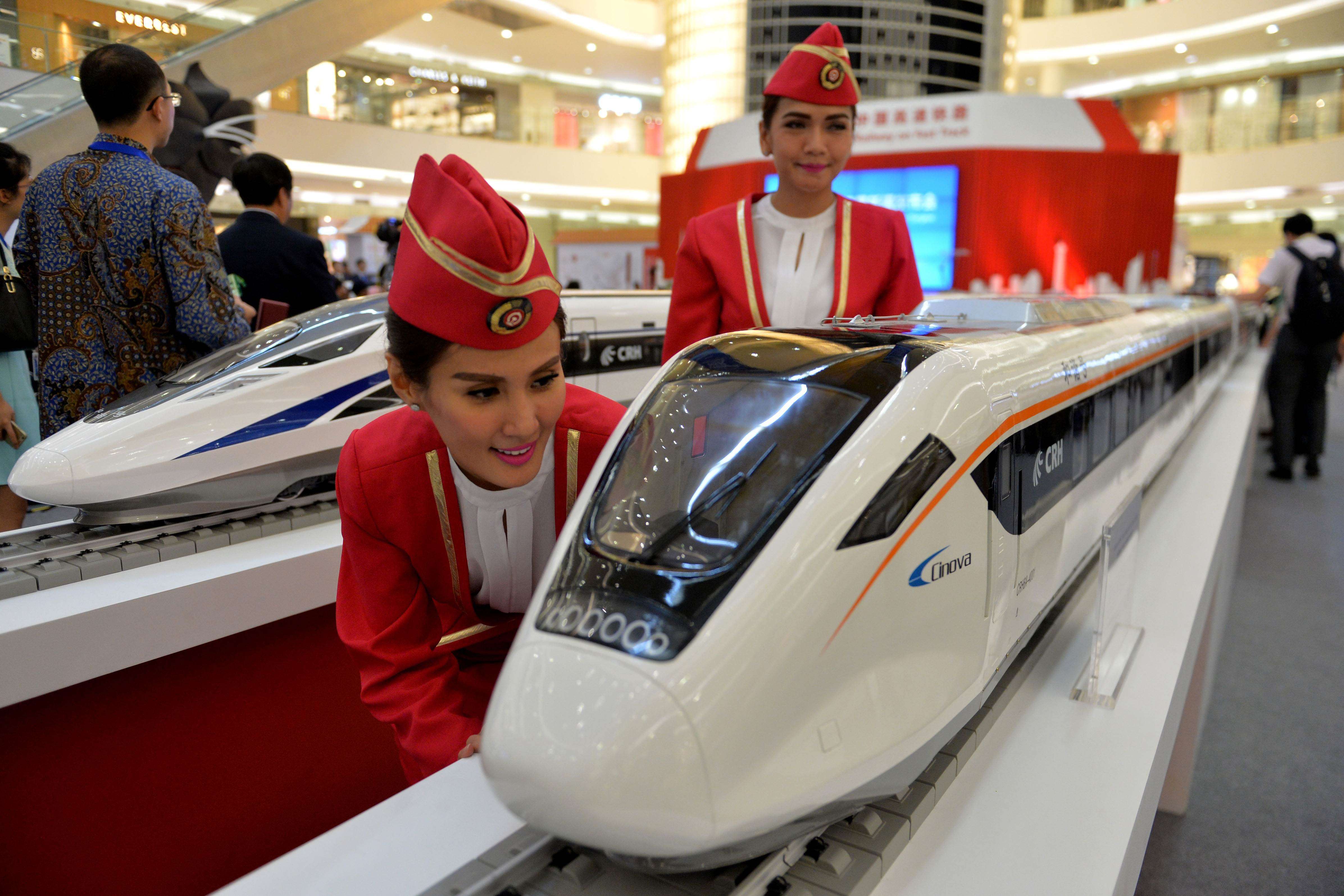 Scale models of Chinese-made bullet trains at a shopping mall in Jakarta. Photo: AFP