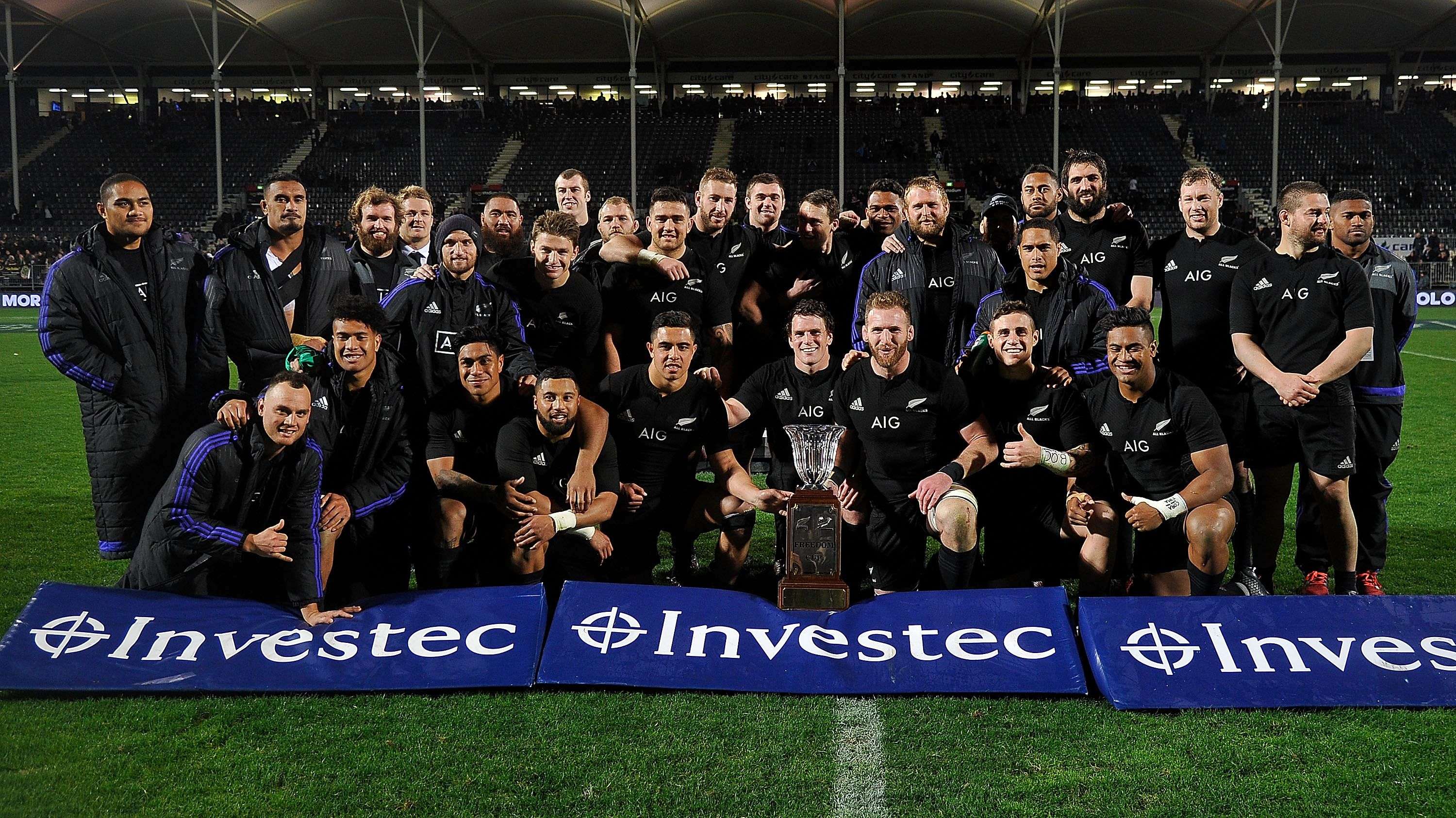 New Zealand players celebrate winning the Freedom Cup after their win over South Africa. Photo: AFP