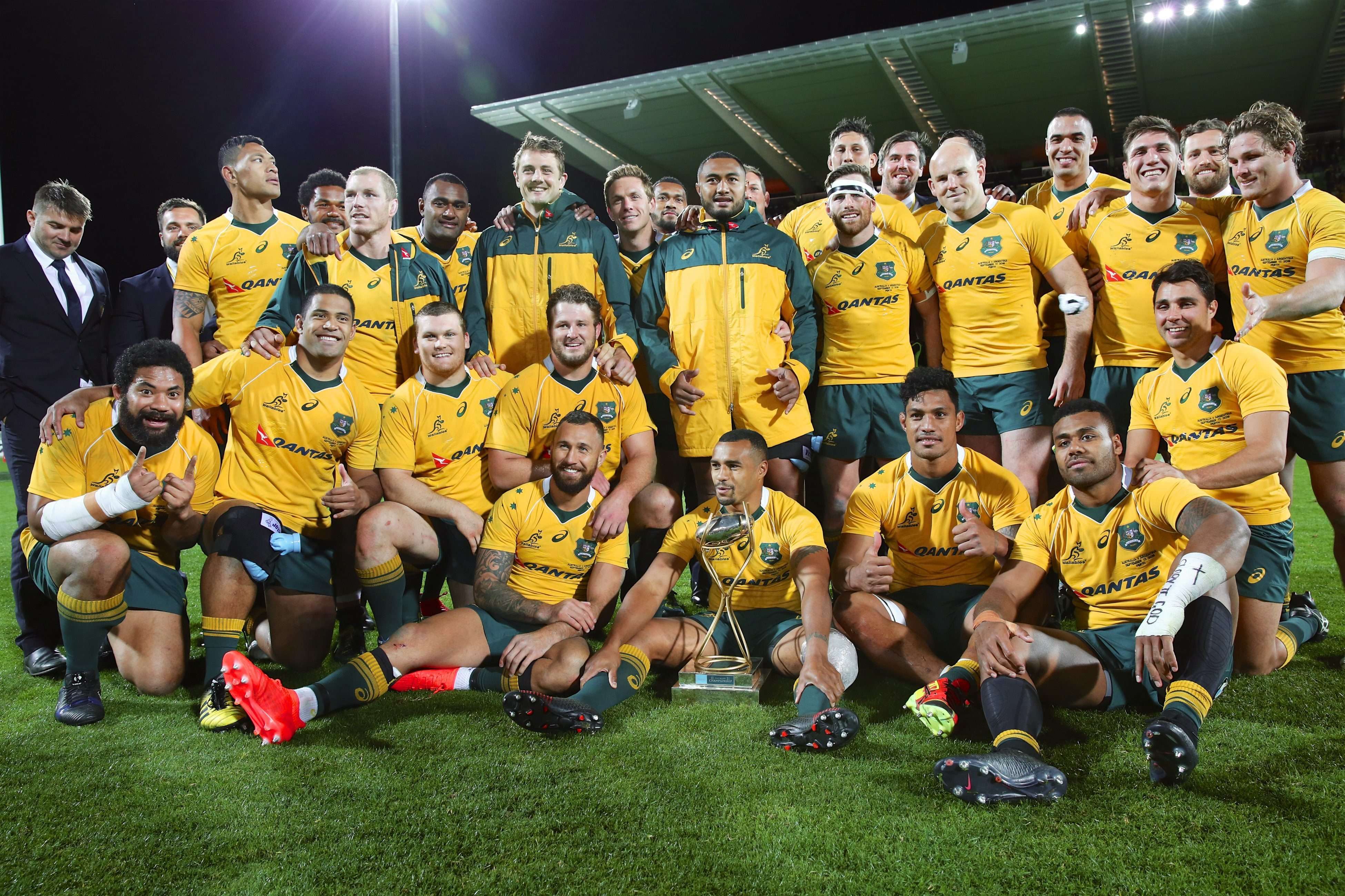 Australia pose with the Puma Cup after winning the Rugby Championship match against Argentina. Photo: EPA