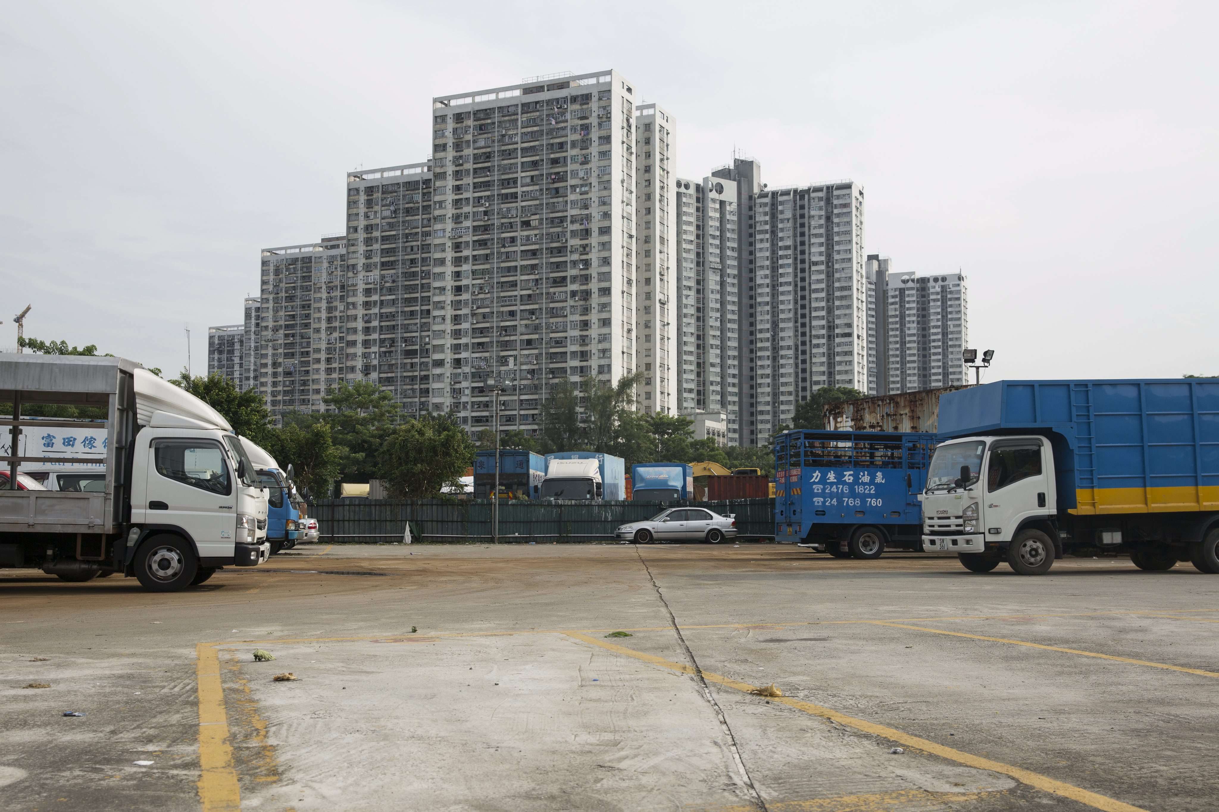 Trucks are parked on an illegally occupied government plot in Wang Chau, Yuen Long. Photo: EPA