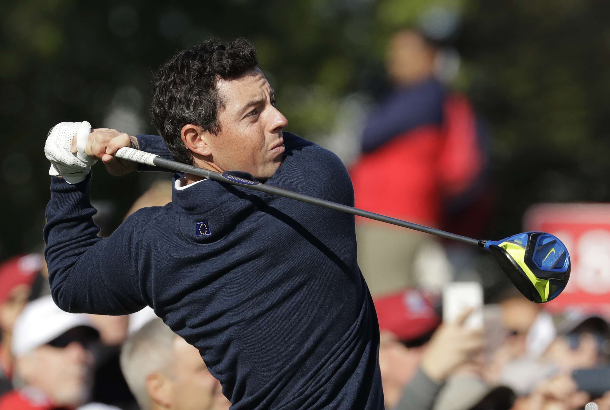 Europe's Rory McIlroy hits a drive on the second hole during a practice round for the Ryder Cup golf tournament Tuesday, Sept. 27, 2016, at Hazeltine National Golf Club in Chaska, Minn. (AP Photo/Charlie Riedel)