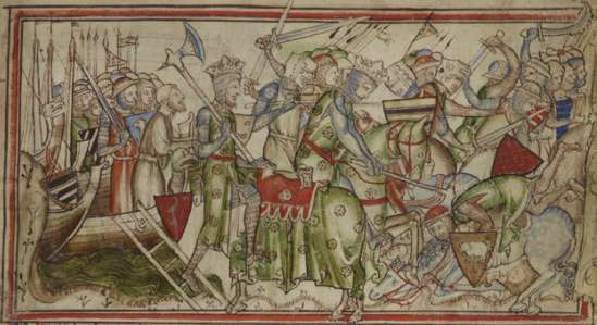 An image from the 13th-century chronicle The Life of King Edward the Confessor shows Harald Hardrada landing near York.