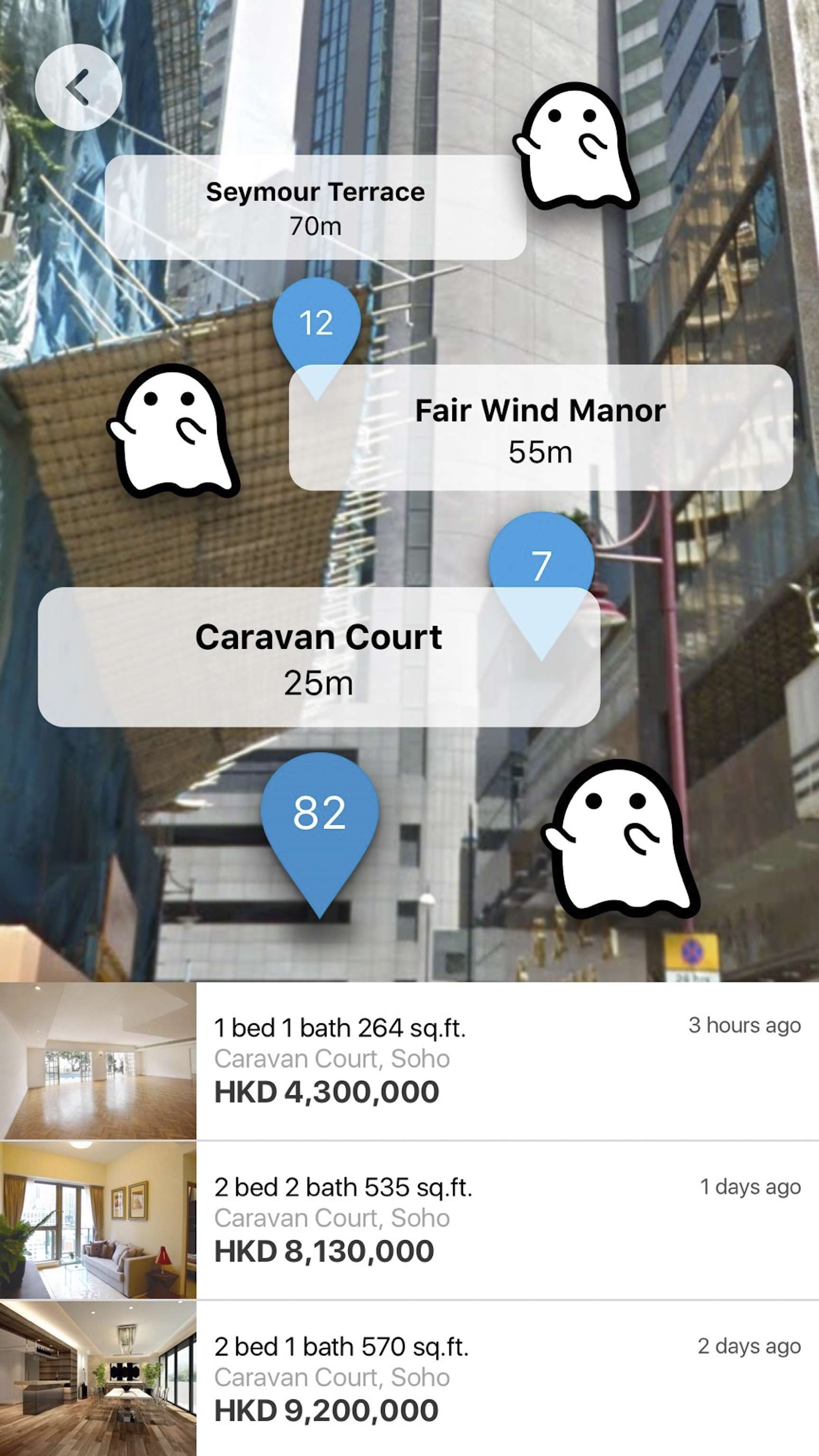 The augmented reality feature on the Spacious property search app, showing property listing details including “haunted houses”.