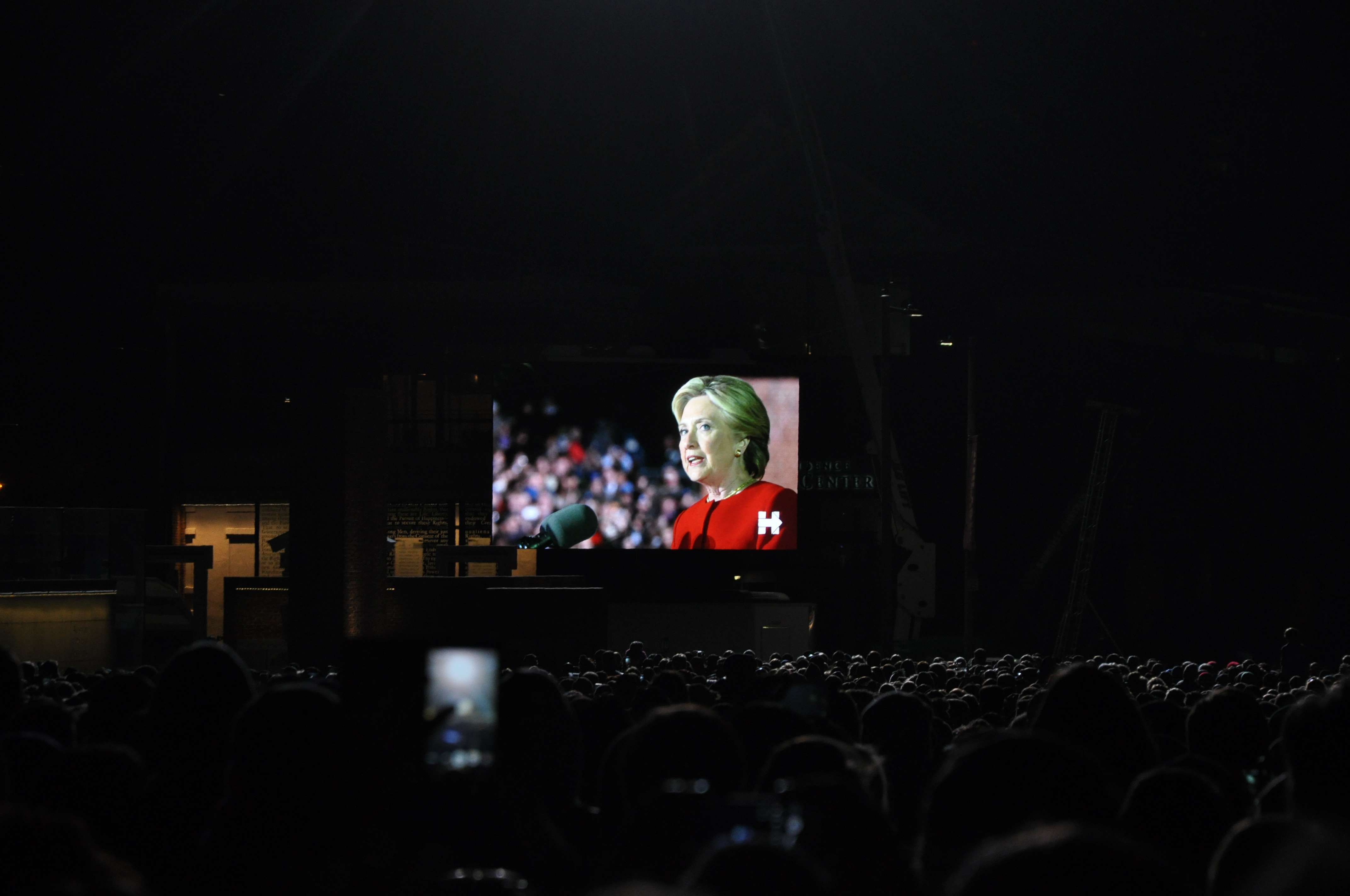 Democratic Party candidate Hillary Clinton speaks at her final rally on Monday night at Independence Mall, Philadelphia. Photo: Liu Zhen