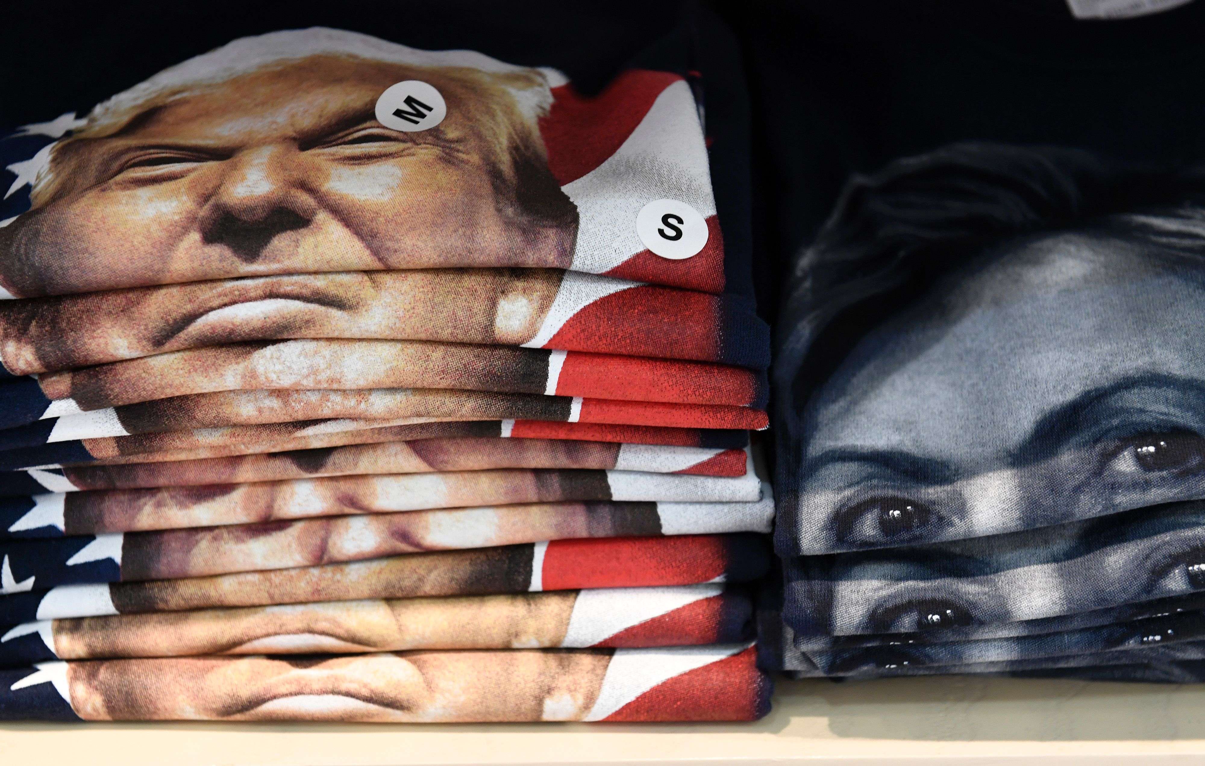 Tee-shirts supporting either Donald Trump or Hillary Clinton on sale in Philadelphia last month. Chinese censors have told the country’s media to halt “excessive” coverage of the polls. Photo: AFP