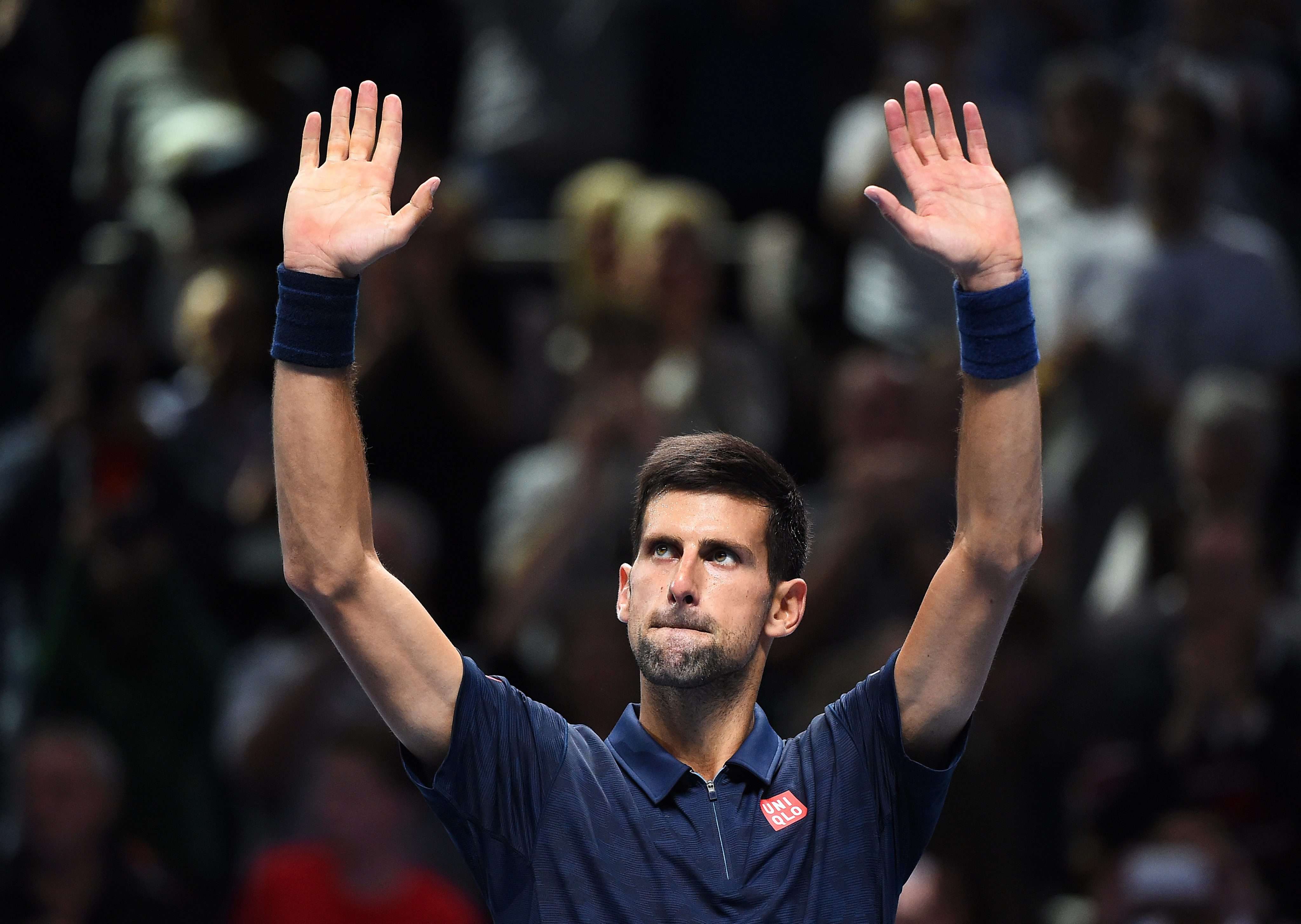 Serbian Novak Djokovic celebrates after defeating Austria’s Dominic Thiem in their singles group match at the ATP World Tour Finals in London. Photo: EPA