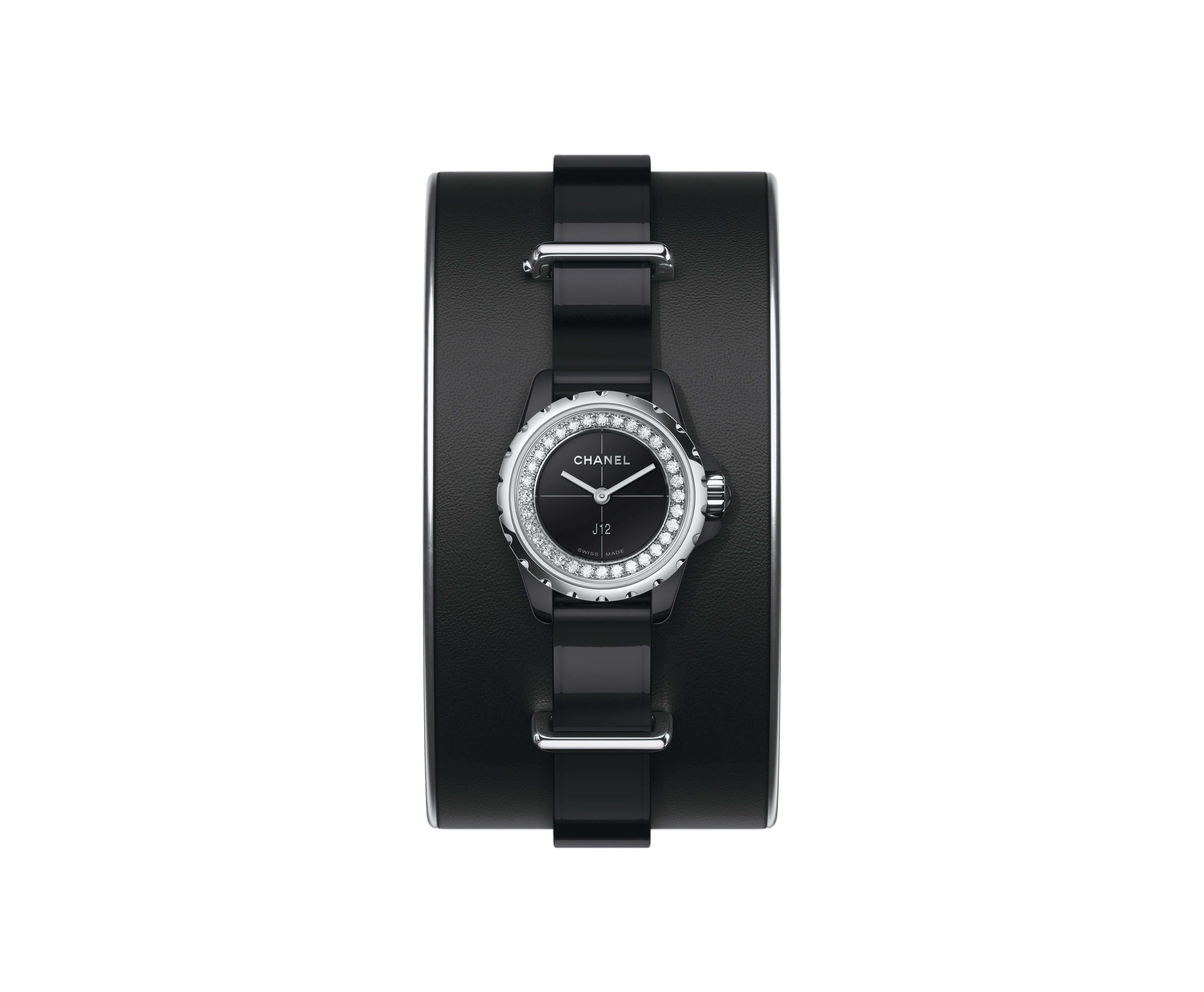 Chanel's J12.XS watch can be worn with its patent leather strap, or can be paired with a calfskin cuff.