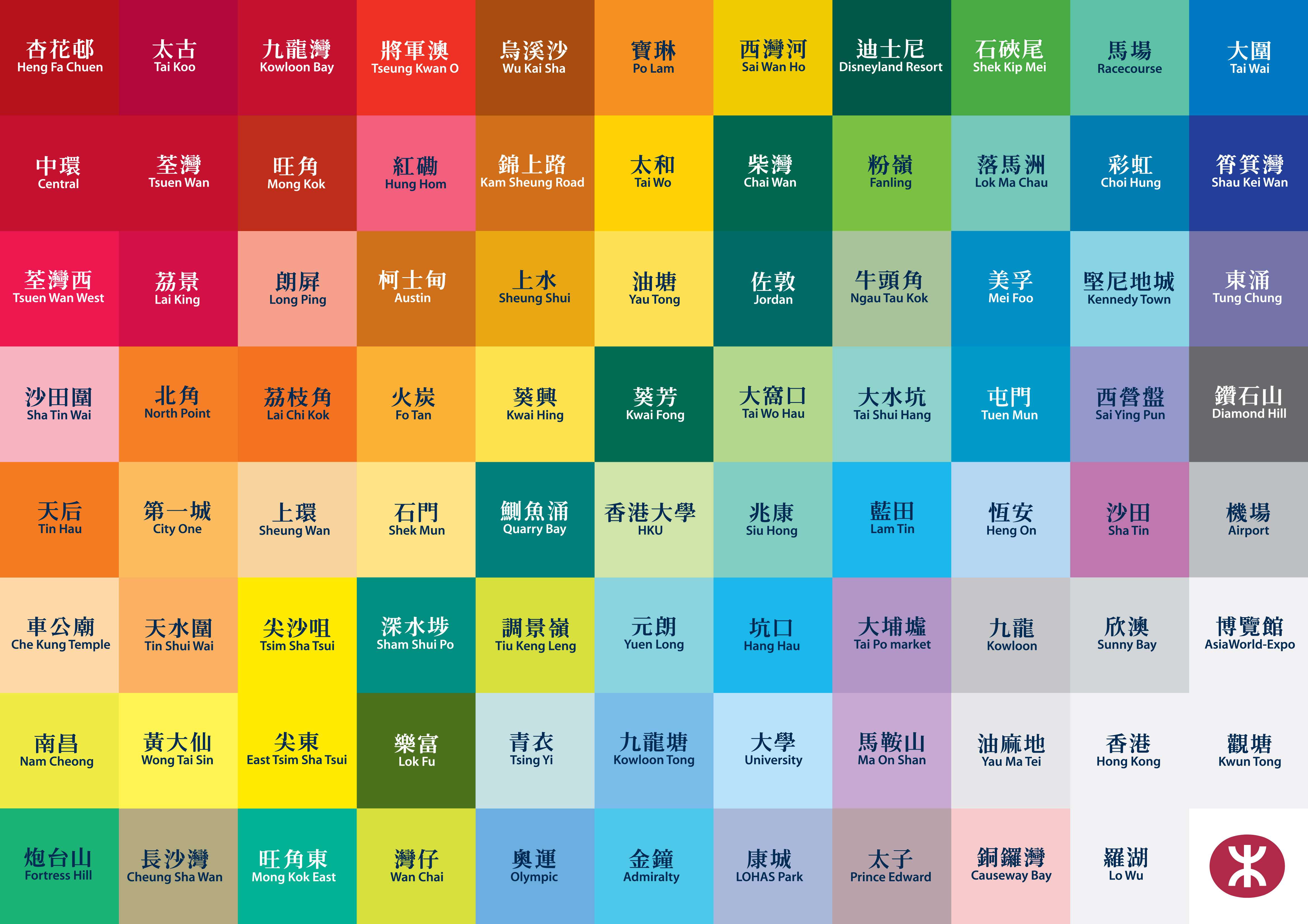 The various colours of MTR stations. The decision to use colours for each station was to help travellers who couldn’t read find their way.