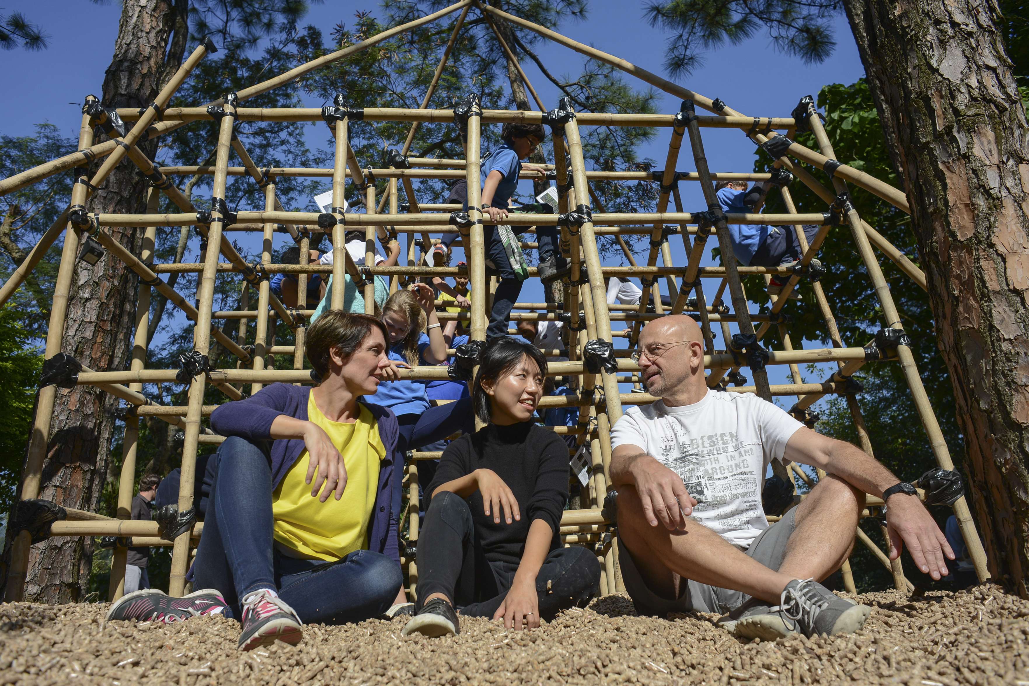 Rachel Wilson (left), Jenna Ho Marris (middle) and model maker Andy Niven at the Bamboo Biodiversity Jungle Gym in Tai Tam. Photo: Antony Dickson